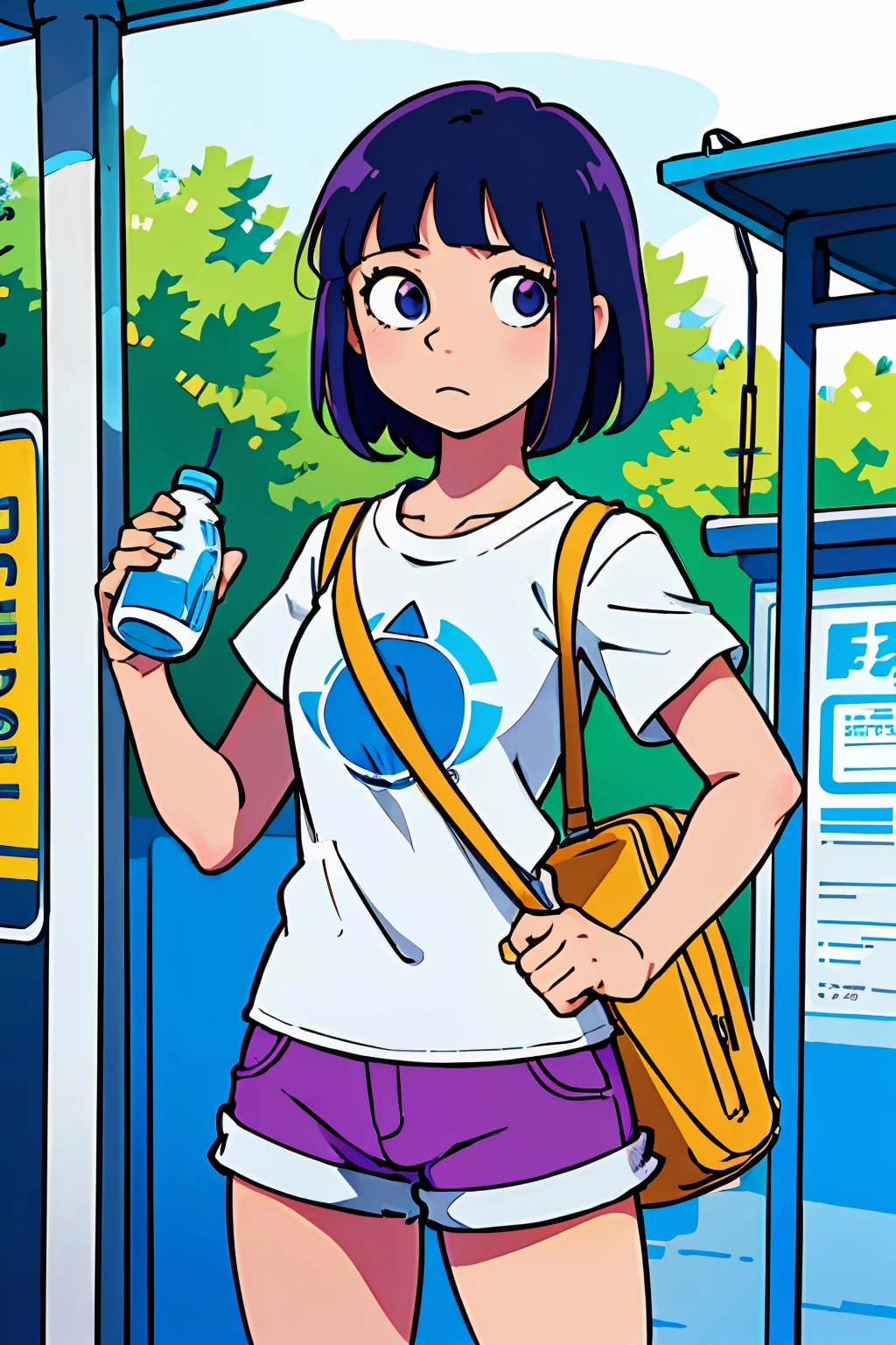 (best-quality:0.8),
(best-quality:0.8), perfect anime illustration, Dora the explorer, teen, hot pants, loose fitted tee, standing at the bus stop holding a water bottle