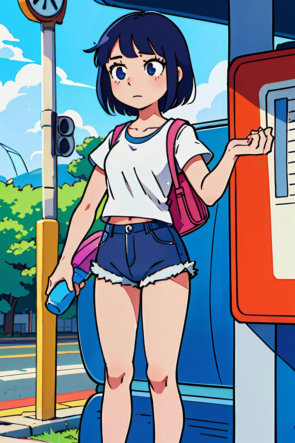 (best-quality:0.8),
(best-quality:0.8), perfect anime illustration, Dora the explorer, teen, hot pants, loose fitted tee, standing at the bus stop holding a water bottle
