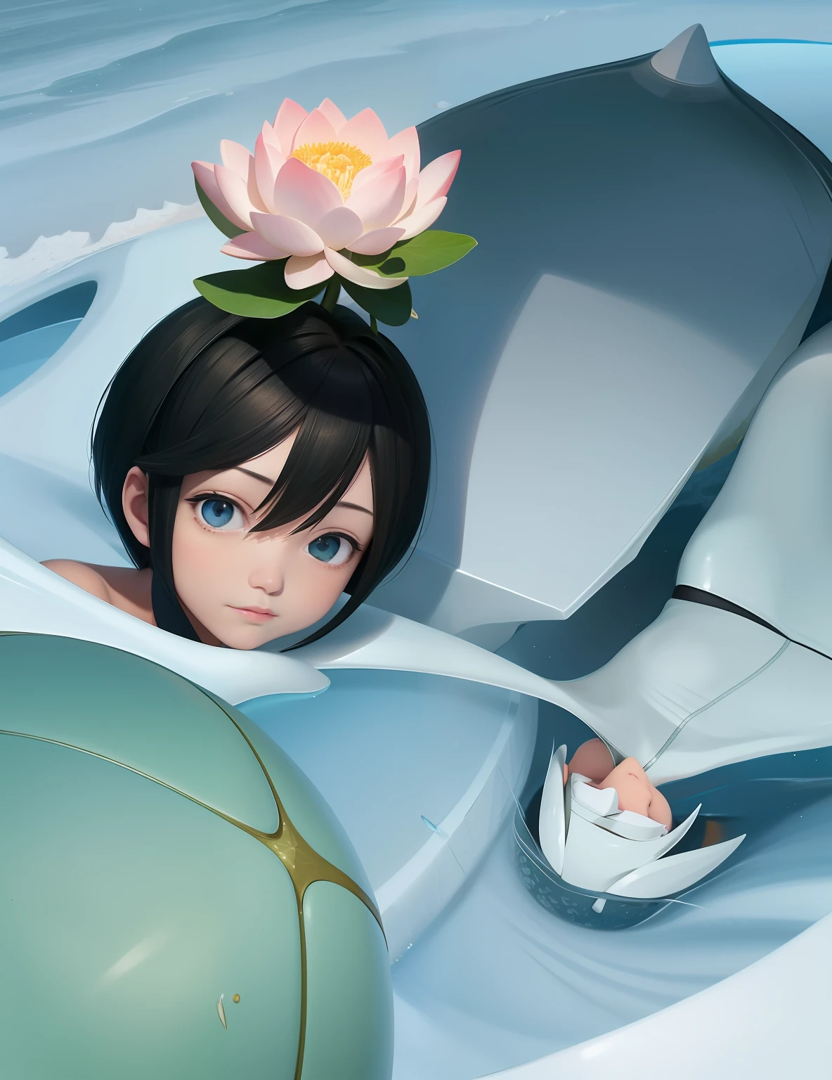 Astro boy's head floats on the glacier and the sea. There are lotus leaves on the glacier, and there is an astro boy's head on each lotus leaf. They have different shapes.