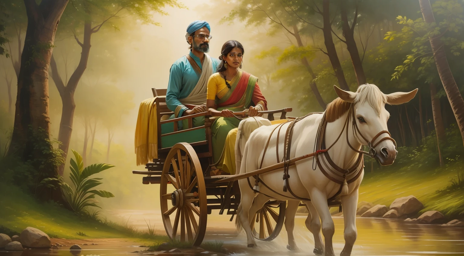Indian Male and Female traveling in a bullock cart in a forest,oil painting,water painting