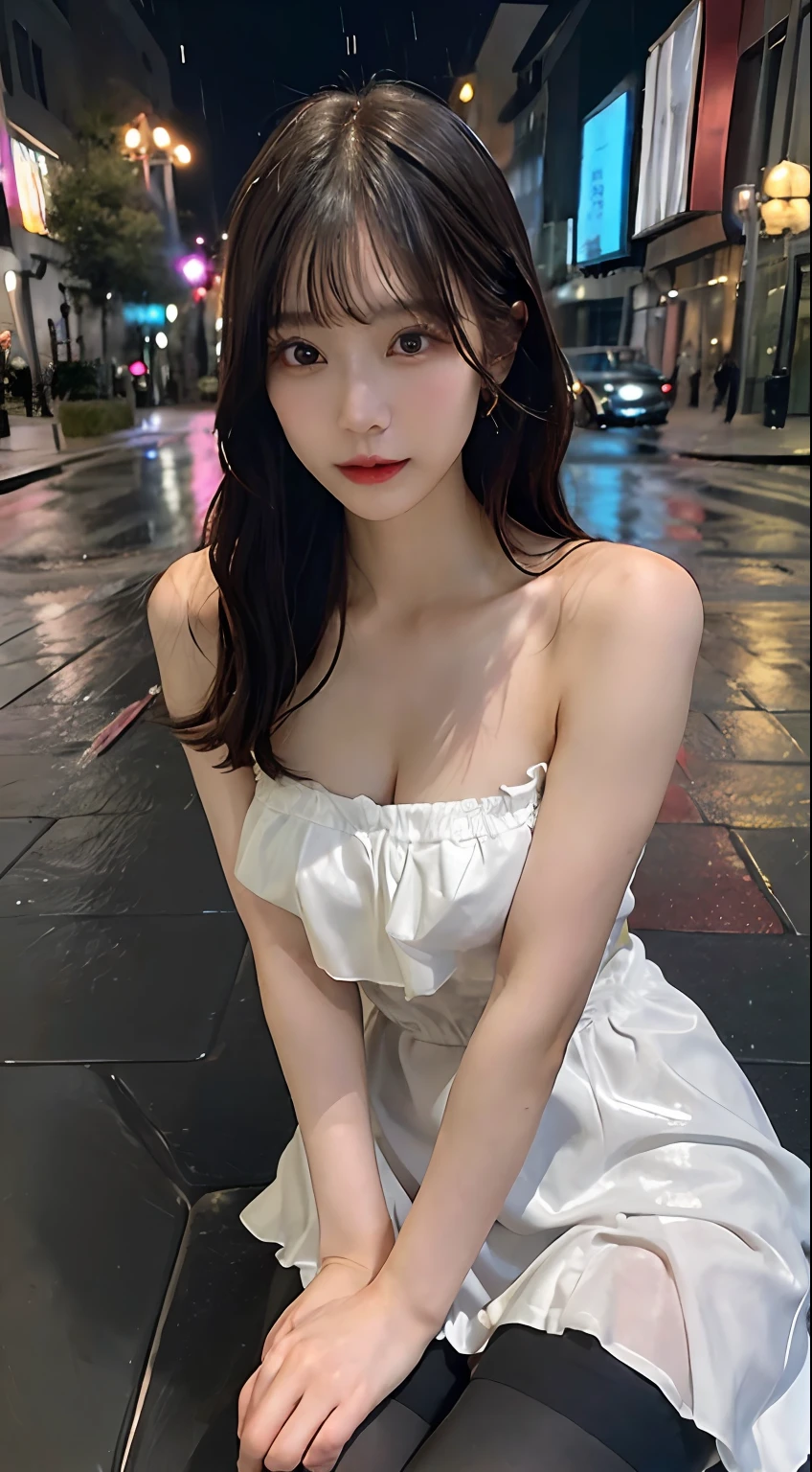 ((best qualtiy, 8k, tmasterpiece:1.3)), Focus:1.2, perfect figure beautiful woman:1.4, Cocked buttocks:1.2, ((Cut hair in layers, Beautiful breasts:1.2)), (wetclothes:1.1) , (Rain, Street:1.3), Bandeau chiffon dress:1.1, Highly detailed facial and skin texture, A detailed eye, 二重まぶた,Whiten skin,long whitr hair,((Pantyhose)),(sitted),((Erlang legs))((pantyless))