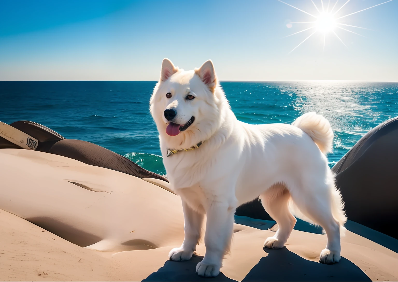 Dog on top of shark in sea of fire