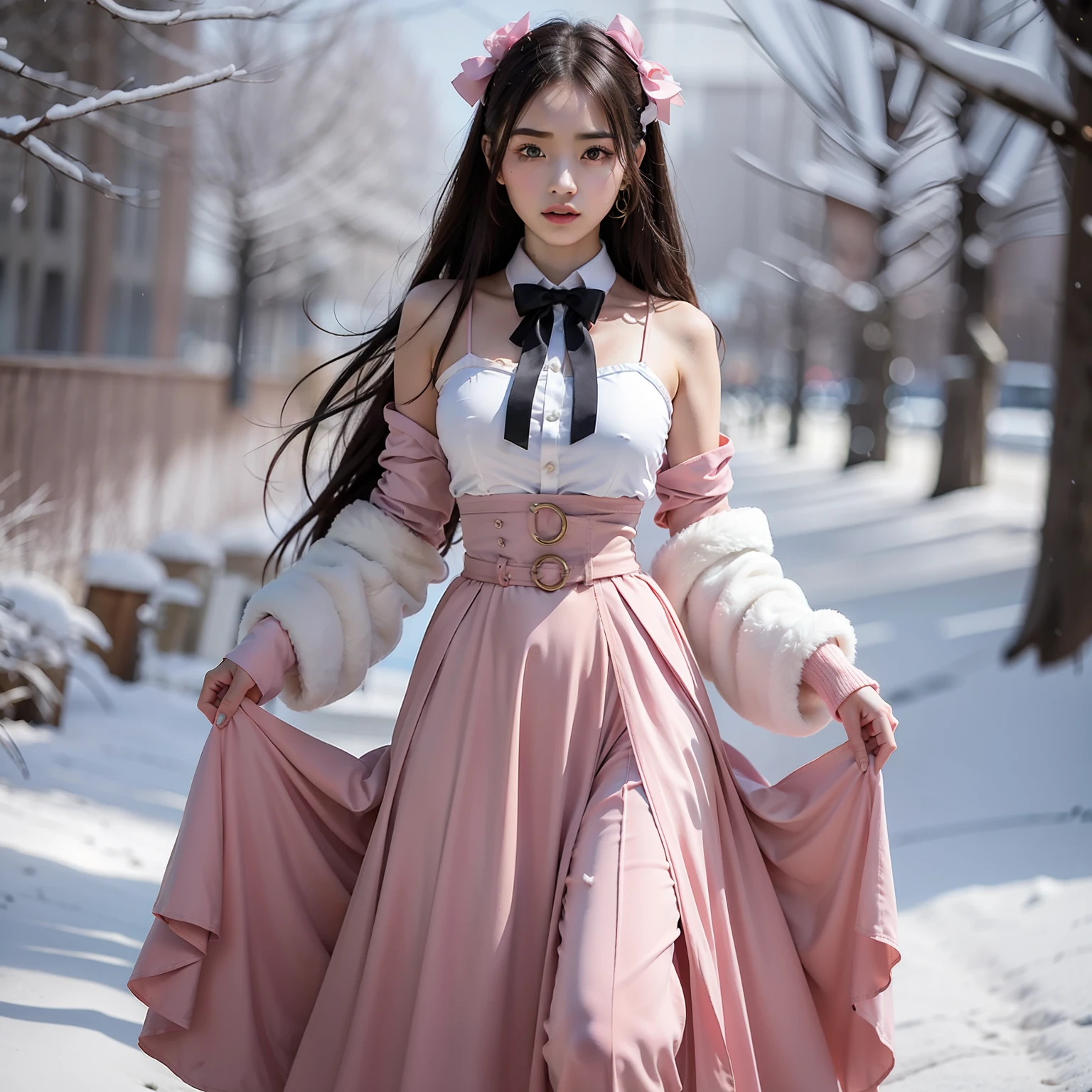 pink long skirt,Drag to the ground。Tight skirts,The waistline is perfectly displayed,Feminine and noble,Do not profane,The belt around the waist is tied with a bow,
Yuyan Qingya,Star eyes and scarlet lips。
Noble temperament,The eyes are cold,
The delicate face of the originally cold and proud snow,Sudden changes,Eyes twinkle