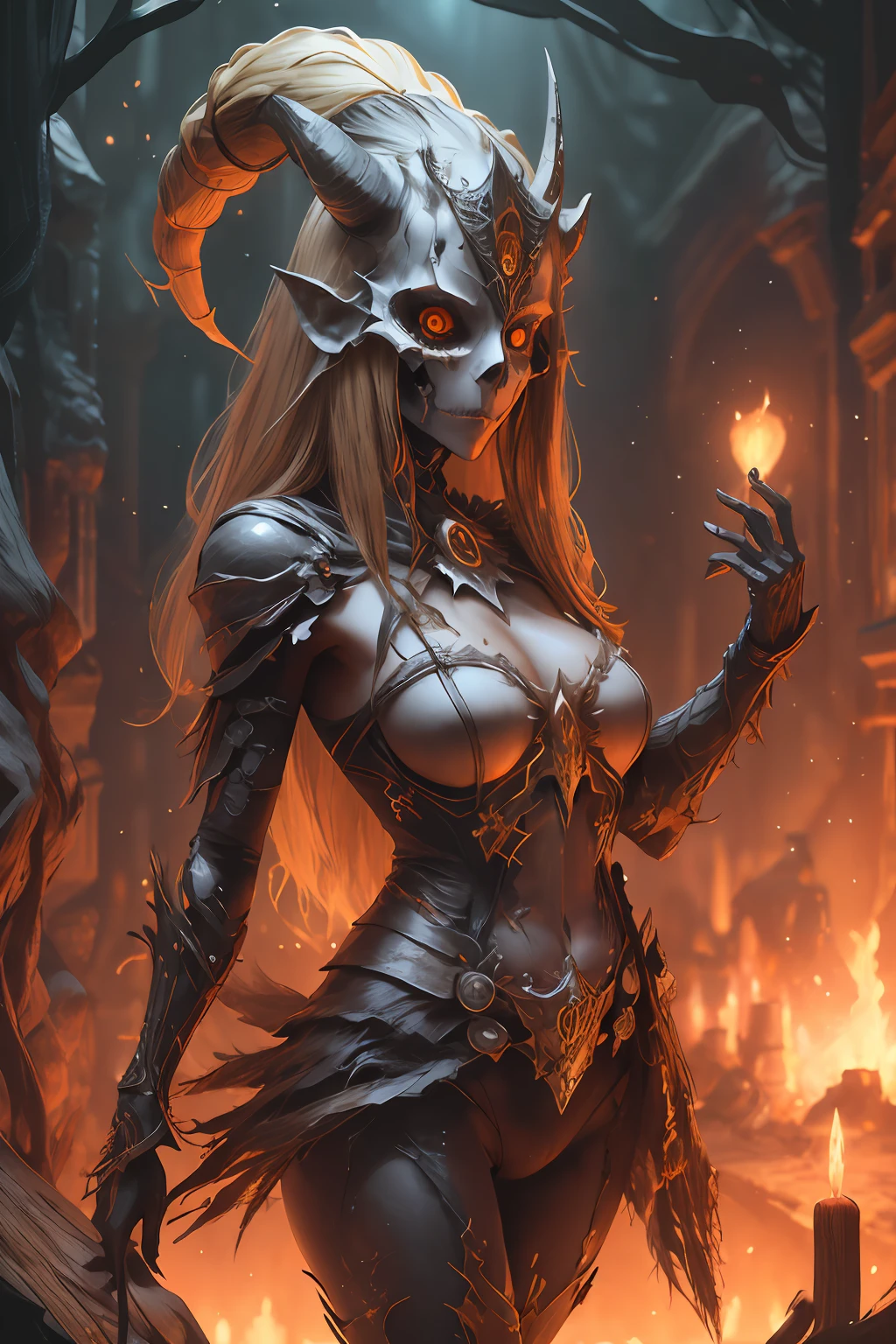 sh4g0d,
girl witch, wearing skull mask made of wood, portrait, standing, skin out, dark room, dark blonde straight long hair, great details and colour