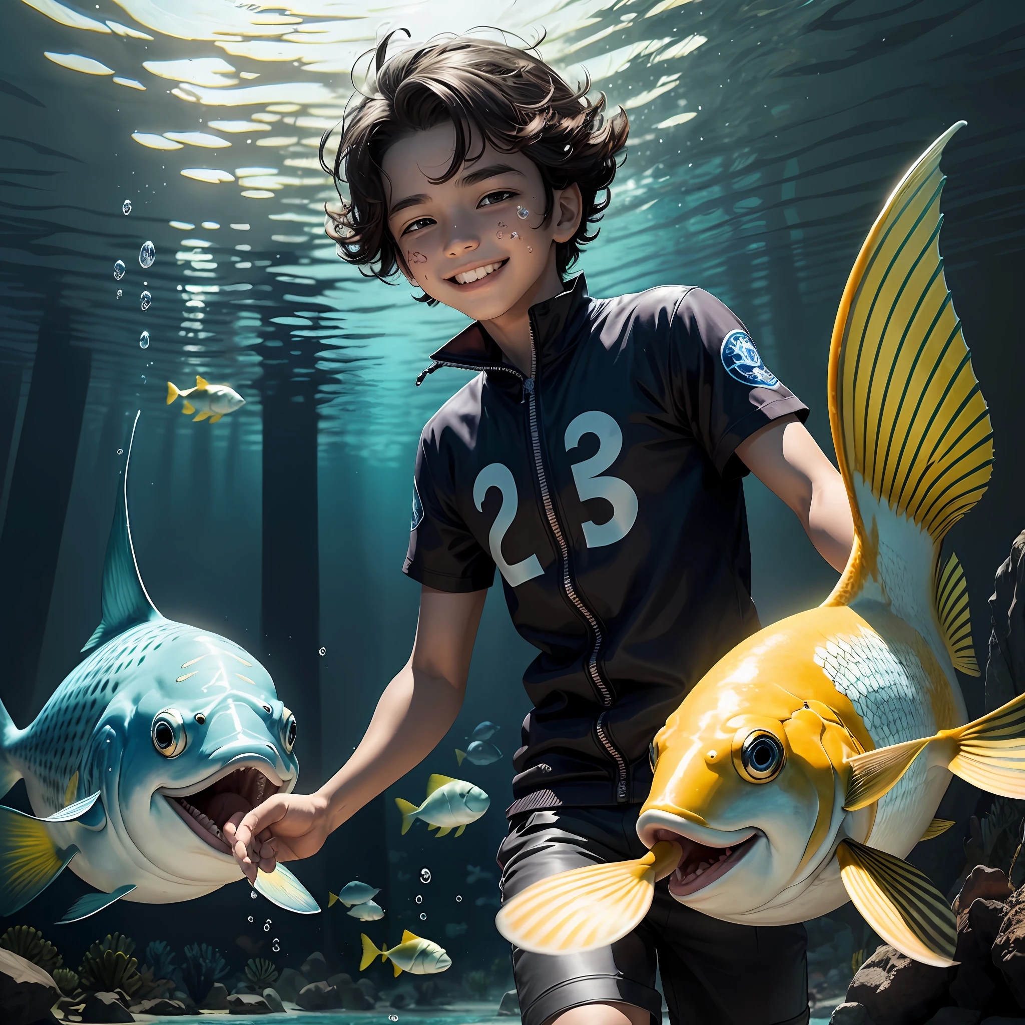 , 13 anos, sorrindo, cabelos negros, olhos castanhos, alegres e marcantes, ao fundo um grande aquario com peixes coloridos e algas, estilo cartoon, estilo personagens Disney, Imagem de melhor qualidade --auto
