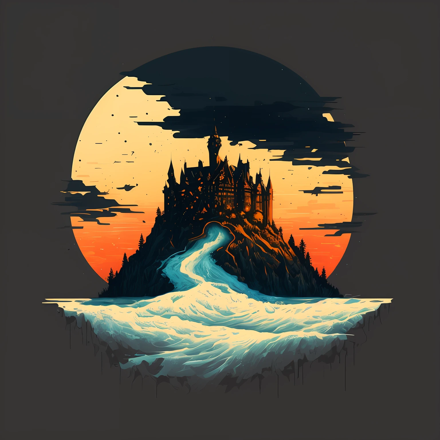 risograph of a castle on a (dark black background:1.4 ) and the ground is full, with small stars all over it by edward hopper 8 k trending in artstation octane render unreal engine 5 vfx houdini zaha hadid 3 d concept matte painting digital illustration style cinematic dramatic volumetric lighting ray tracing light rays rtx ambient occlusion pix. (centered and enclosed on a black background:1.2) as a t-shirt logo in the style of art