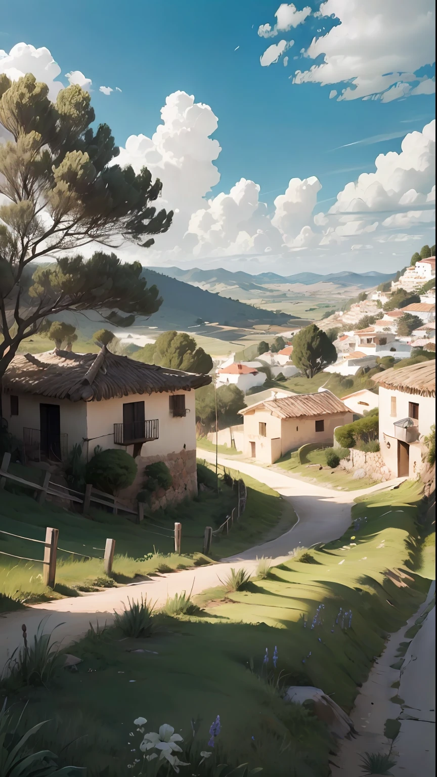 hermoso pueblo campestre con muchas zonas verdes y los habirantes tienen cabello plateado