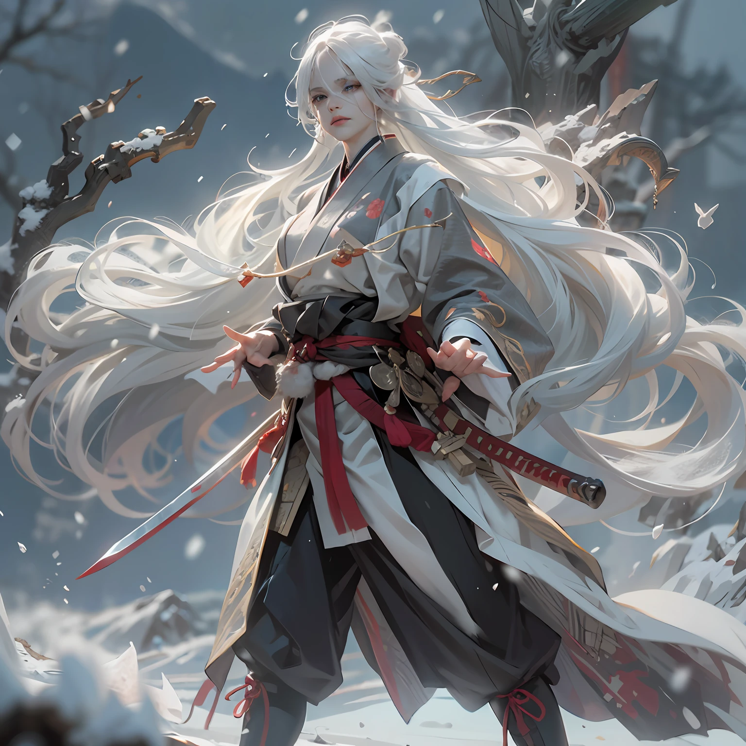 8K， super detailing，Don Dao， anatomy correct，（Fighting posture:1.5），attack pose， A long sword in his hand，Hanfu，Short skirt atmospheric light， super detailing， hyper HD， tmasterpiece，On the outside，Snowy mountain background，Winters，snowflower，On the snow，dynamic view，Full body like，scowling， rape face， White hair， messy  hair， kanzashi， Bloodshot eyes，lightand shade contrast，  large- titsjob，From the side Side，Eyes full of details，Optimal proportions of four fingers and one thumb，