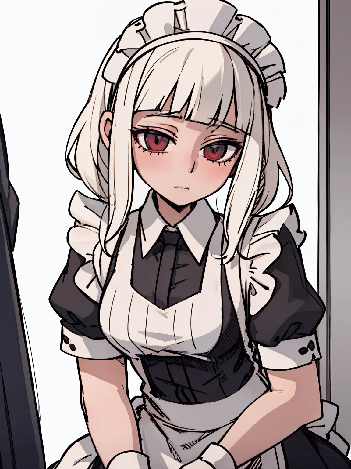 A girl frontal,(,(full bodyesbian),(Long curly white hair),(the maid outfit)),Young, White background