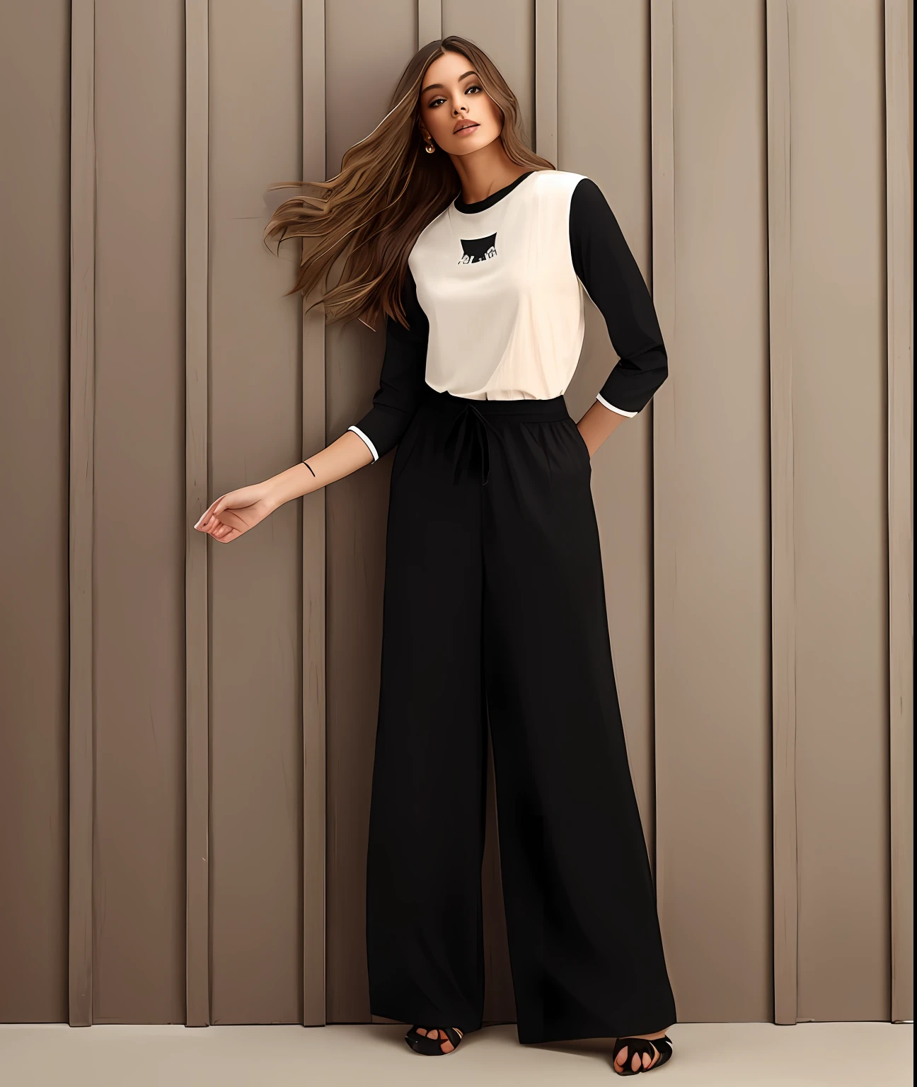 model waer black pajama with narrow pant legs and barefoot