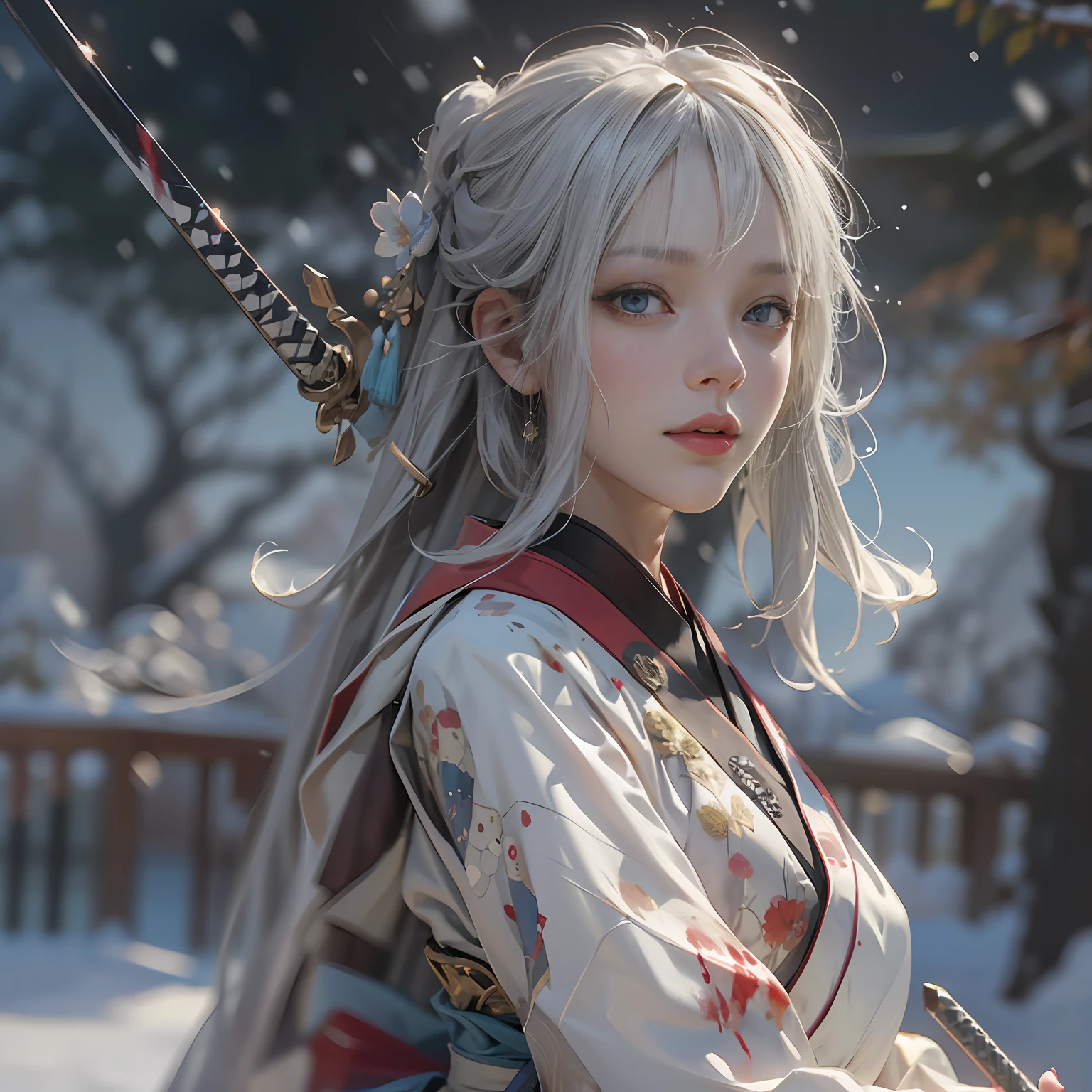 8K, super detailing,Don Dao, anatomy correct,(Fighting posture:1.5),attack pose, A long sword in his hand,Hanfu,Short skirt atmospheric light, super detailing, hyper HD, tmasterpiece,On the outside,Snowy mountain background,Winters,snowflower,On the snow,dynamic view,Full body like,scowling, rape face, White hair, messy hair, kanzashi, Bloodshot eyes,lightand shade contrast, large- titsjob,From the side Side,Eyes full of details,Optimal proportions of four fingers and one thumb,