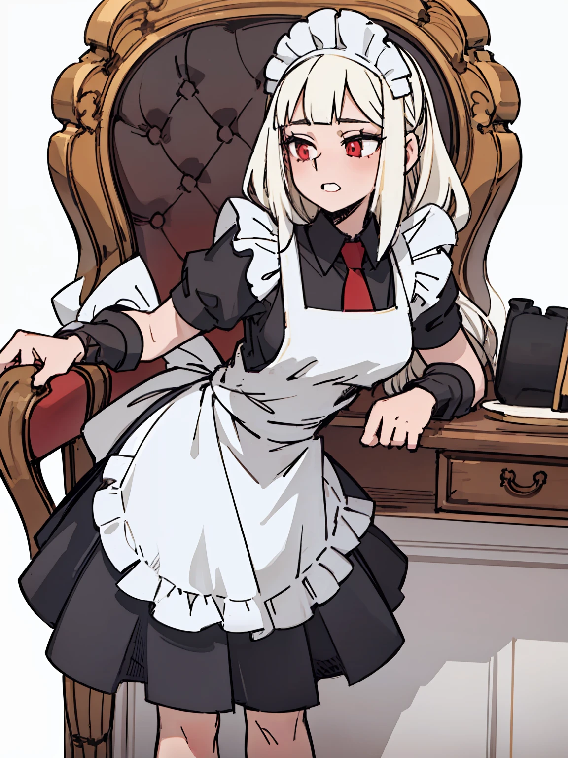A girl frontal,(,(full bodyesbian),(Long curly white hair),(the maid outfit)),Young, White background