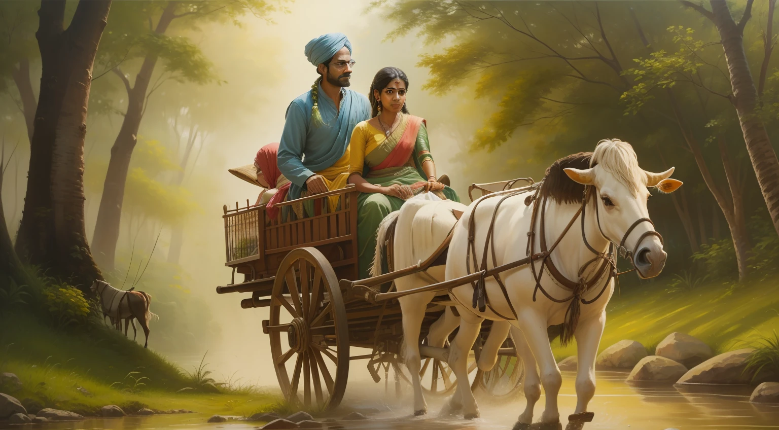 Indian Male and Female traveling in a bullock cart in a forest,oil painting,water painting