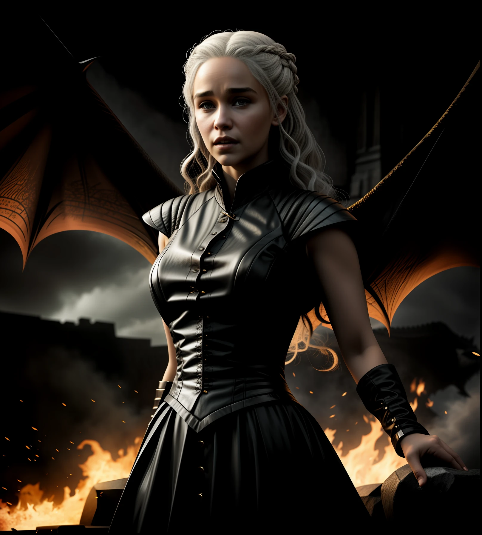 woman 38 yers,t-shirt design, 2D illustration, centered art,3 dragons in the background breathing fire,(((woman 38 yers))) face of Emilia Clarke Atriz britânica White hair de Game of Thrones, gothic colors, mood of tension and terror, Adobe Illustration,Drop-Shadow, Trending on Artstation, 8K, hd, masterpiece, gorgeous art, intricate details,Strobe Light.