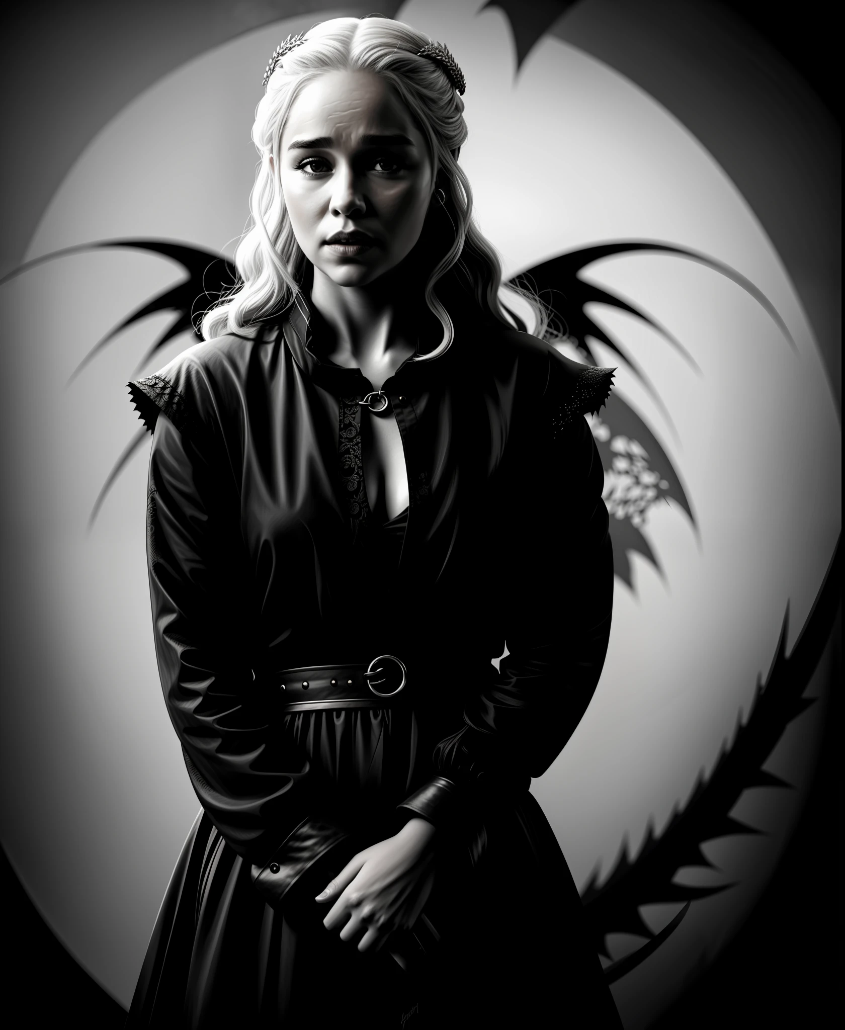woman 38 yers,t-shirt design, 2D illustration, centered art,3 dragons in the background breathing fire,(((woman 38 yers))) face of Emilia Clarke Atriz britânica White hair de Game of Thrones, gothic colors, mood of tension and terror, Adobe Illustration,Drop-Shadow, Trending on Artstation, 8K, hd, masterpiece, gorgeous art, intricate details,Strobe Light.