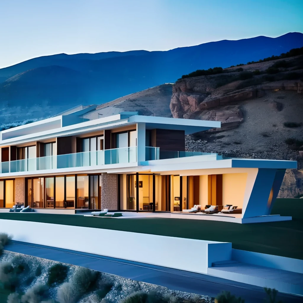 Modern luxury house on the edge of a mountain, atardecer, piedra