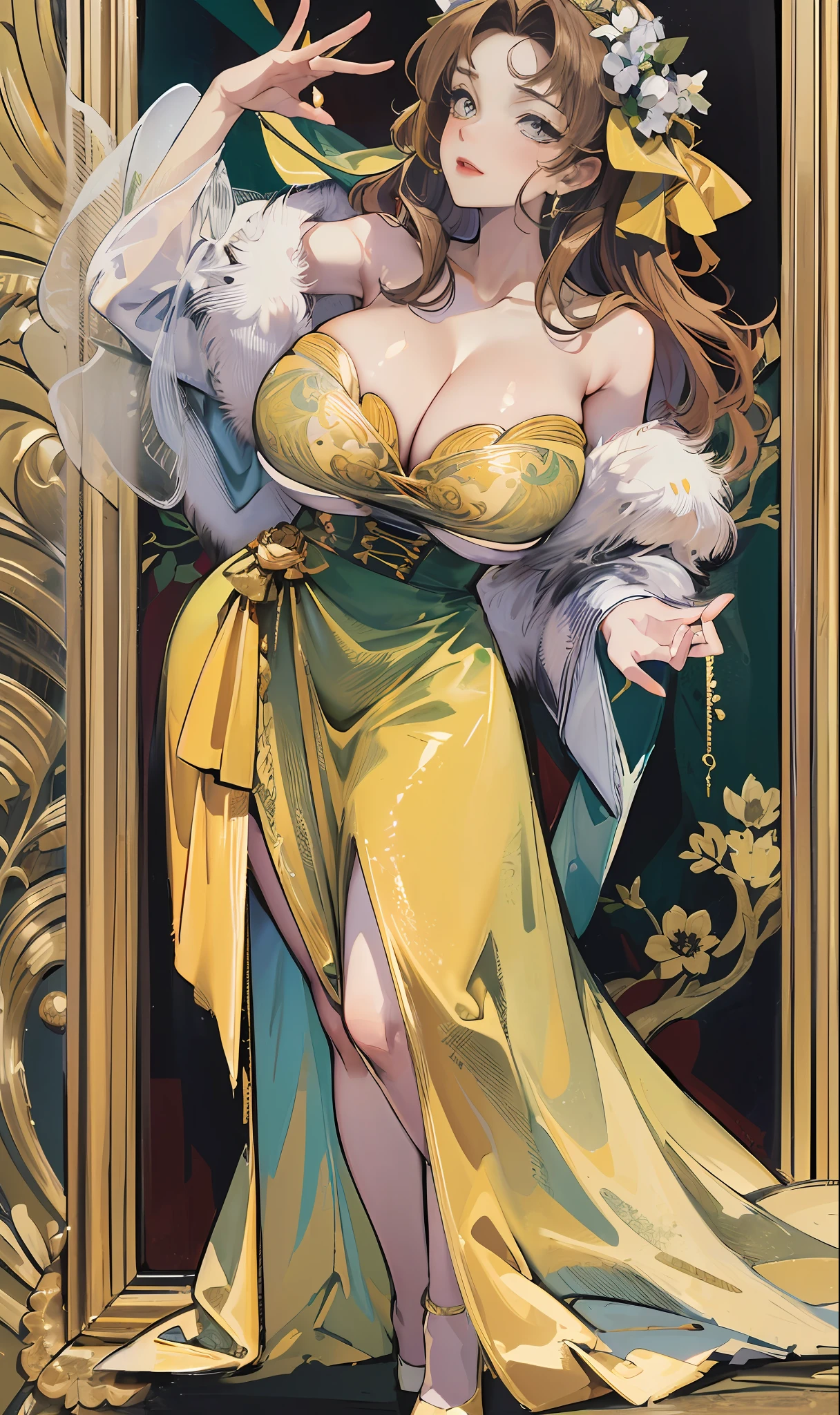 Full body portrait of mature woman , long whitr hair,Plump body,crisp breasts,鎖骨,爆乳:1.3,huge tit,gigantic cleavage breasts,cleavage,Huge breast,white colors,Gold picture frame edge, Floral frame, Decorative panels, abstracted,waistup,Corset,Chest binding,high-heels,photorealestic,Artistically,An Alphonse Mucha's
(tmasterpiece,best qualtiy,A high resolution:1.4),the detail,complexdetails,4K,colored splashing,Line art,Fibonacci,