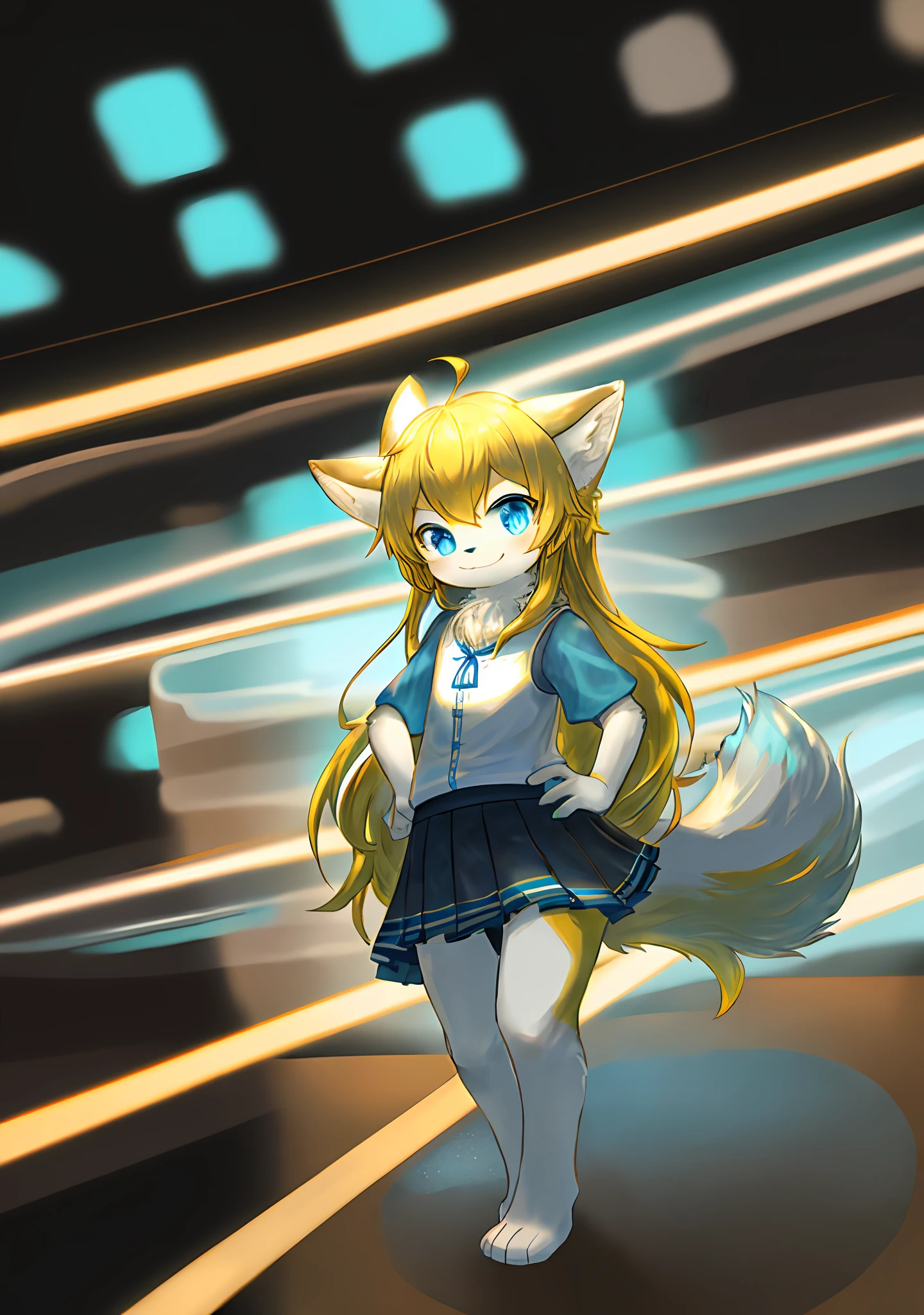 Furry is fluffy,in a skirt,furry pelt,Place both hands behind your back,Tiny cute,Short stature,ssmile,Yellow hair,blue color eyes,Long hair,Fluffy tail。
