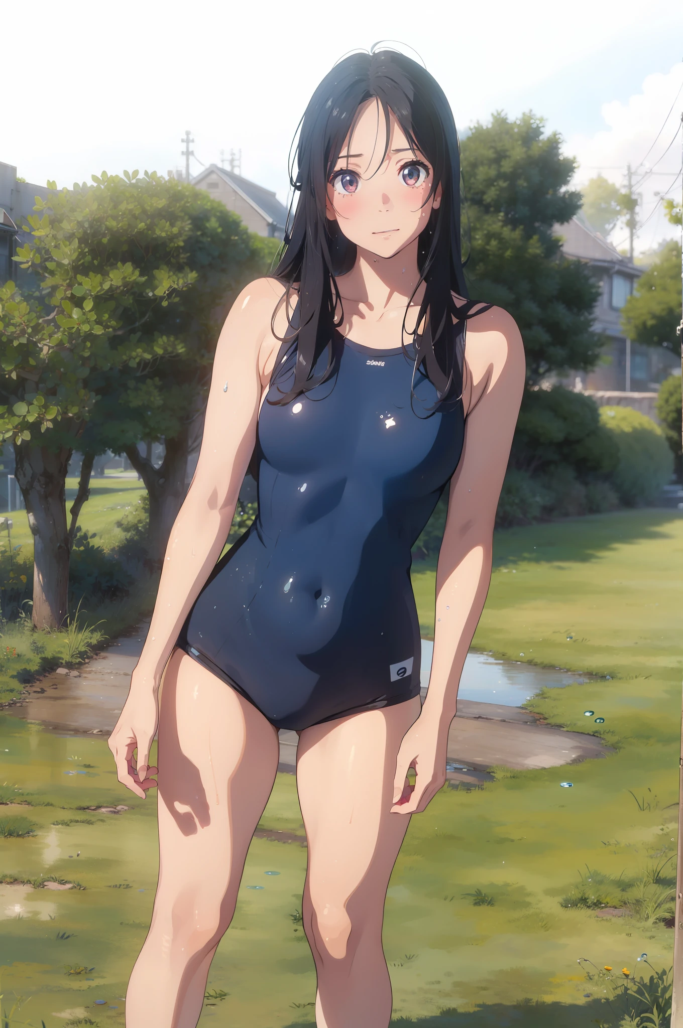 ((top-quality))、((masterpiece))、1girl in、Formal-up、beautiful detailed eyes and face、pretty skin、Realistic、a very cute、22year old、School swim wear(Dark blue color、Simple design、Matte texture、Wrinkle、Wet、Polyester material、shadings、)Wet body、Anime Face、Beautie、Facing the front、big eye(Beautiful fece、Anime Face、Clear eyes、Fine details、beautidful eyes)Well-formed face(Beautiful nasal muscles、Perplexed、sharp mouth)full of sweat、sodden、Wet feeling、Background with(sunny sky、takeout)、8K picture quality、perfectly proportions、A slender、red blush、female focus on, hair adornments,length hair, Look at viewers,((pee))((pissing))((water dripping))