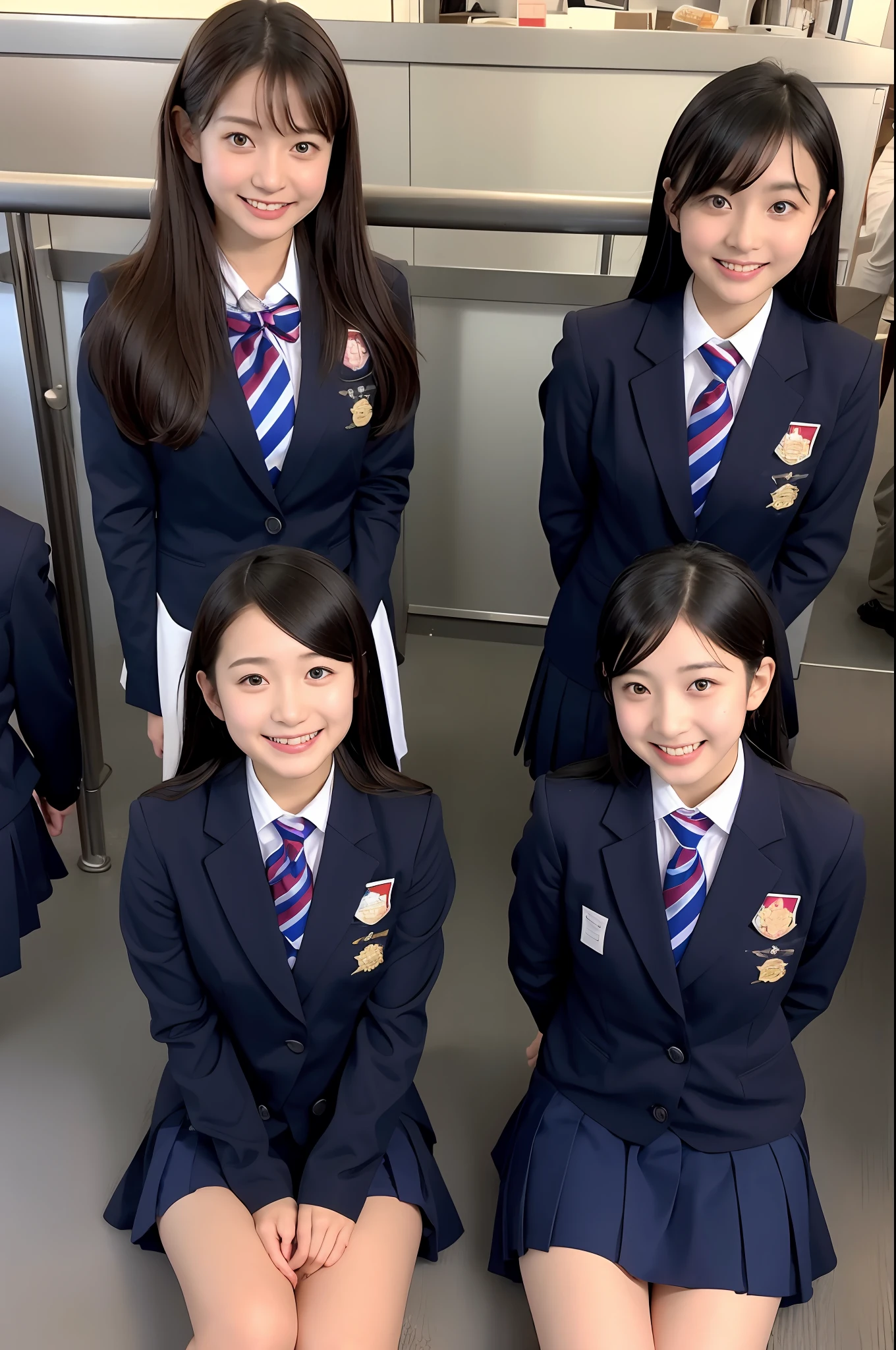 high-angle shot、Center view、Arafe asian woman in short skirt and bow tie sitting on train、cute school girl、Japan Girl Uniform、Wearing Japan school uniform、Japan School Uniforms、a hyperrealistic schoolgirl、Dressed as a schoolgirl、a hyperrealistic schoolgirl、Wearing a uniform、Realistic Schoolgirl、Girl in Uniform、Wearing a uniform、Schoolgirl Pose、full body Esbian、Nice skin、glistning skin、lovely thighs、glowing thigh、shining legs、bare-legged , High School in Japan 、乃木坂アイドル、韓国アイドル
