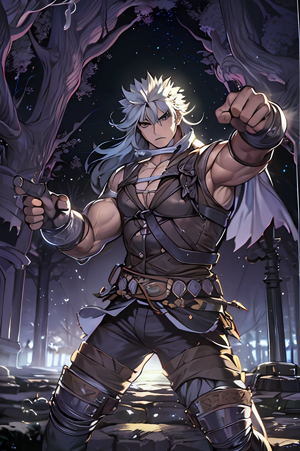 (masterpiece), best quality, expressive eyes, perfect face, night time, park, prepared for battle, BerserkerInstall, Heracles Outfit, bandeau