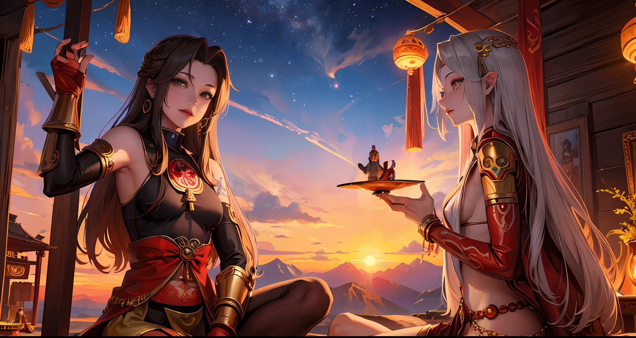 Young tantric priestess in loincloth with tattoos and percings and an iron man mask looking at the horizon on a mountain in Tibet next to a statue of Buddha at dusk with stars Ultra realistic photo --auto