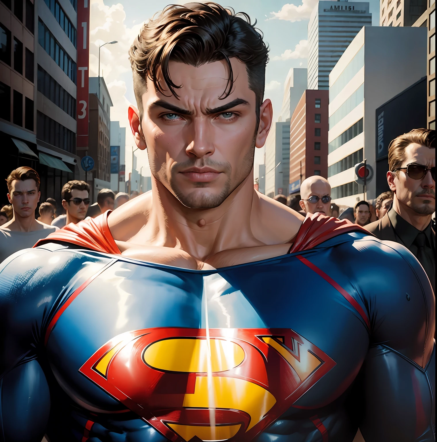 a painting of a man in a superman costume standing in front of a crowd of people, Directed by: Alex Ross, Estilo Alex Ross, sem texto, Joe Unha, Estilo de Alex Ross, Directed by: Ryan Stegman, Neal Adams | Escuro, Neal Adams | sinistro, Super-homem, Neal Adams | Centrado, Directed by: Steve Dillon, inspirado em Ryan Stegman, Stephen Hickman