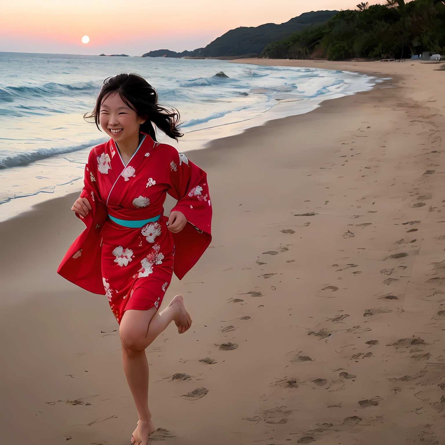 Asian girl in kimono running and smiling on the beach at a sunset