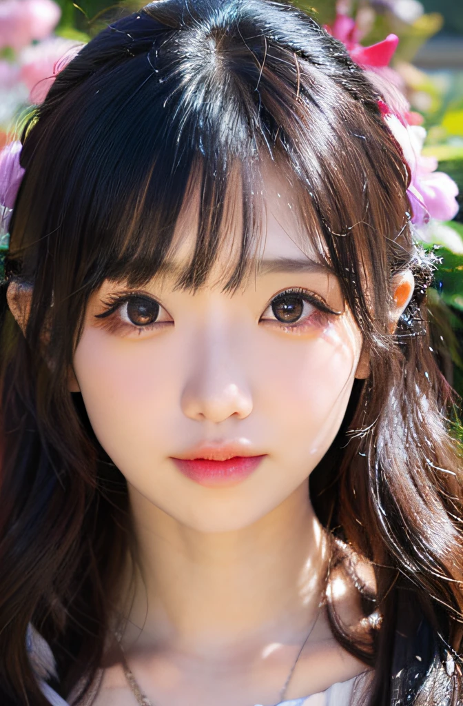 hippie girl, long colorful hair, radiant face, sparkling eyes, dd cups, background flower garden,