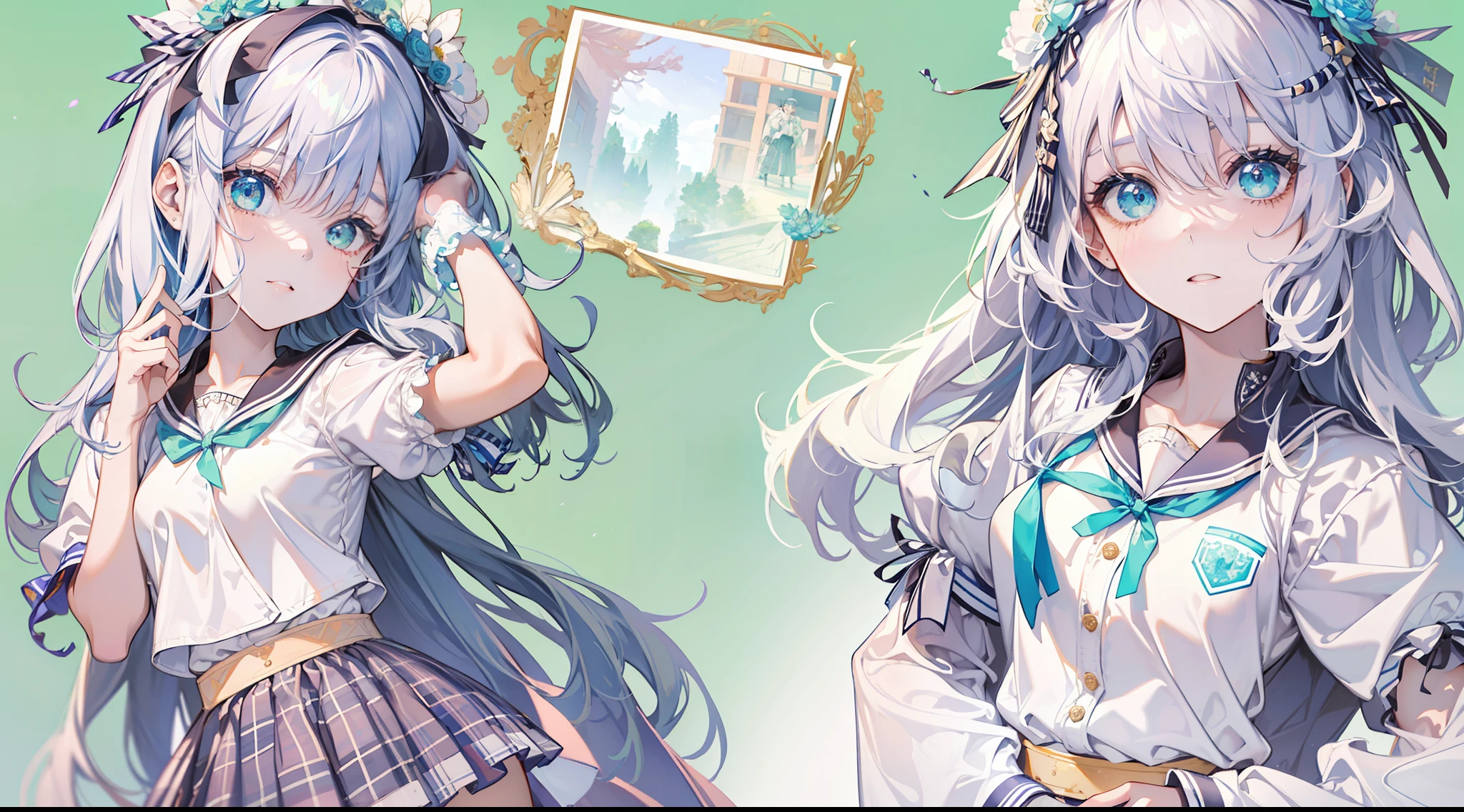 1girll, (Masterpiece:1.1), (Best quality:1.1), (White blouse:1.1), (checkered skirt:1.1), school uniform, high waisted skirt, Break [Blue:Pink:0.5] Theme, (Gradient background:1.1), Cowboy shot, Break Silver Hair, Long hair, , Green eyes, intricate detailed tiara, Looks to the side,
