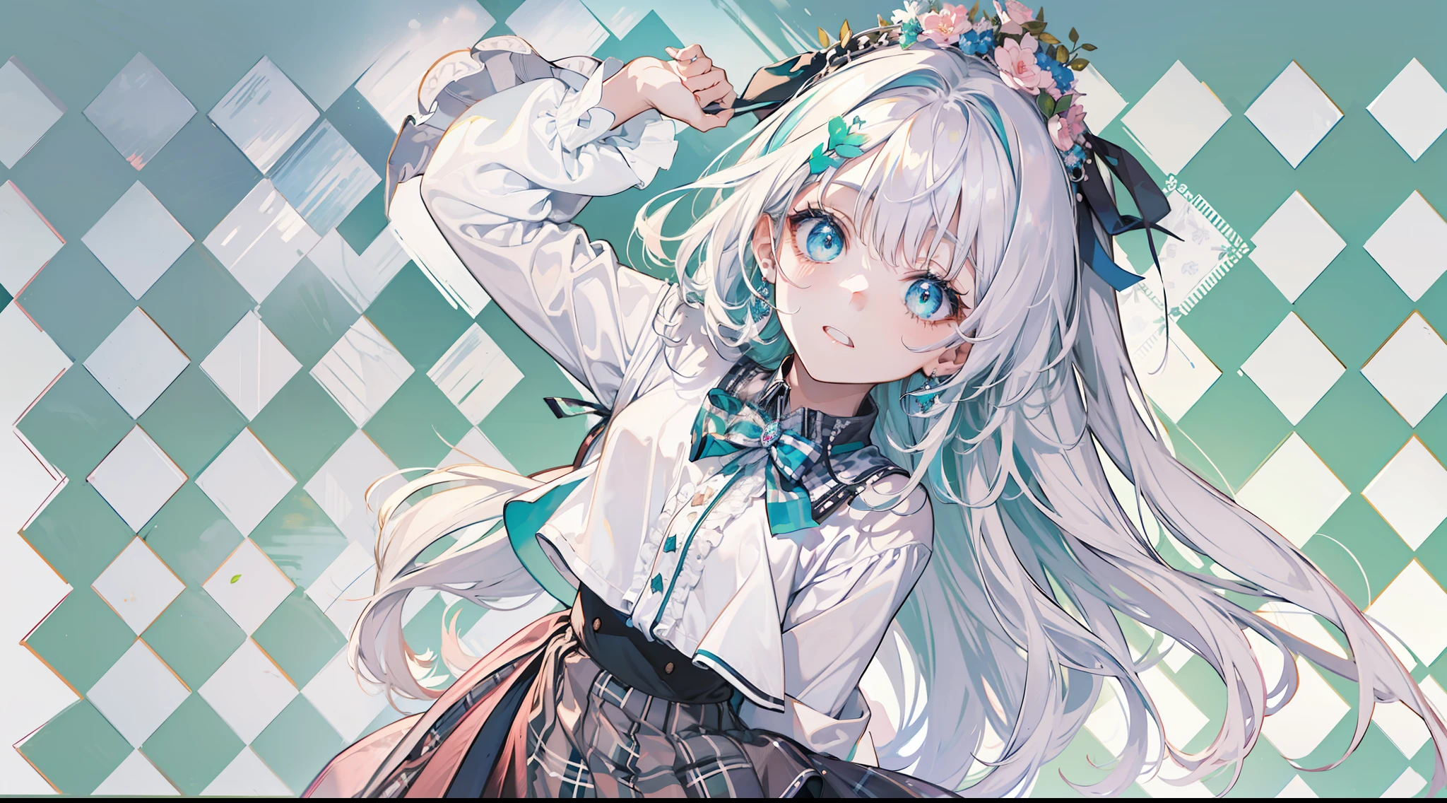 1girll, (Masterpiece:1.1), (Best quality:1.1), (White blouse:1.1), (checkered skirt:1.1), school uniform, high waisted skirt, Break [Blue:Pink:0.5] Theme, (Gradient background:1.1), Cowboy shot, Break Silver Hair, Long hair, , Green eyes, intricate detailed tiara, Looks to the side,