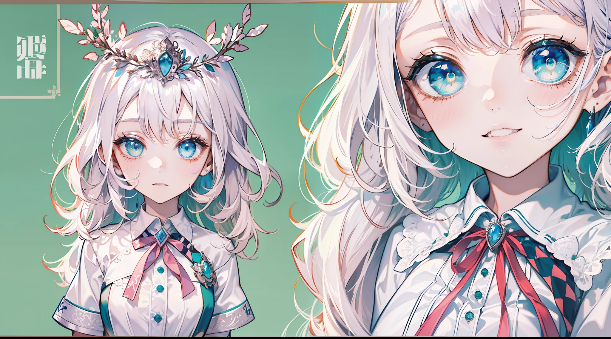 1girll, (Masterpiece:1.1), (Best quality:1.1), (White blouse:1.1), (checkered skirt:1.1), school uniform, high waisted skirt, Break [Blue:Pink:0.5] Theme, (Gradient background:1.1), Cowboy shot, Break Silver Hair, Long hair, , Green eyes, intricate detailed tiara, Looks to the side,