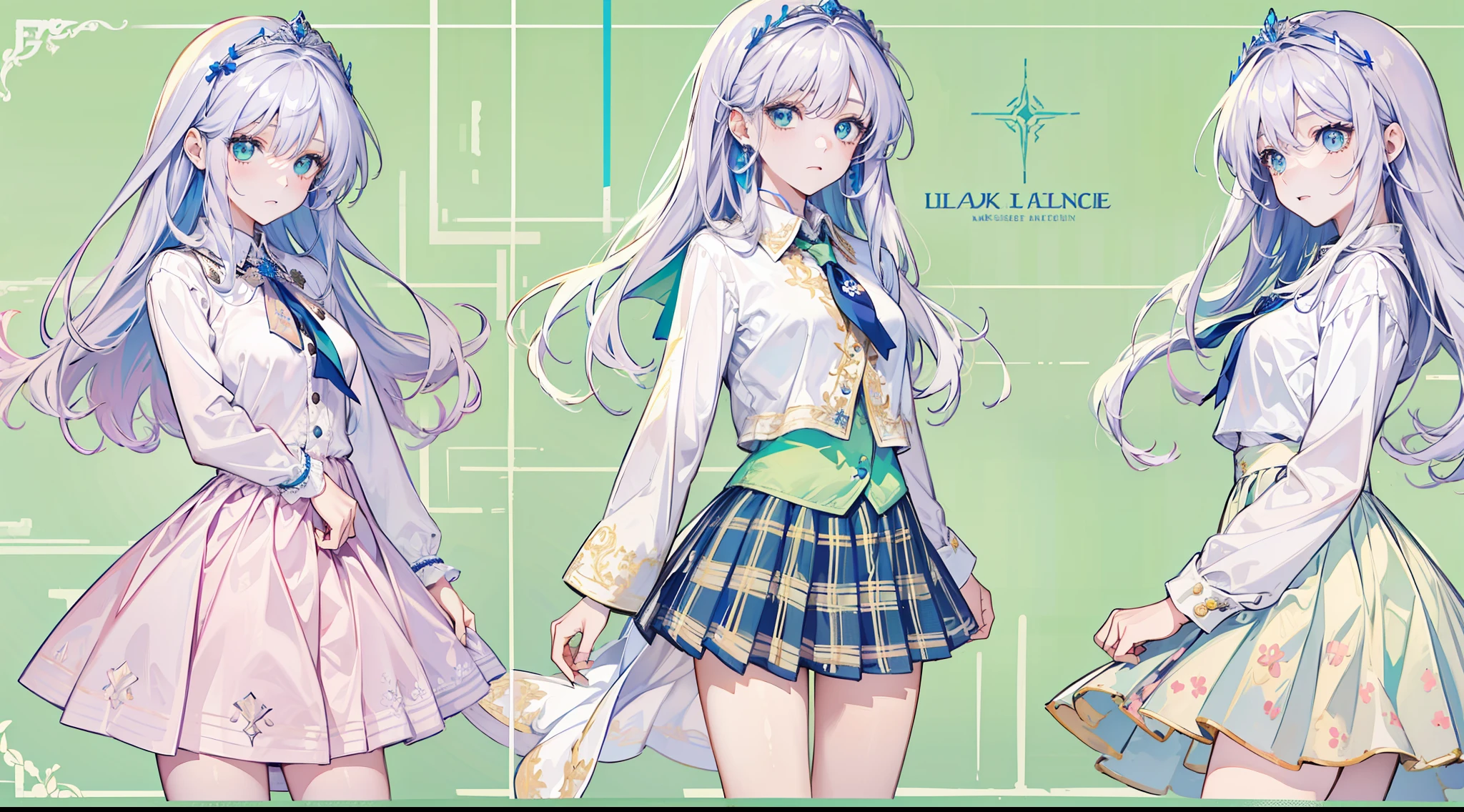 1girll, (Masterpiece:1.1), (Best quality:1.1), (White blouse:1.1), (checkered skirt:1.1), school uniform, high waisted skirt, Break [Blue:Pink:0.5] Theme, (Gradient background:1.1), Cowboy shot, Break Silver Hair, Long hair, , Green eyes, intricate detailed tiara, Looks to the side,