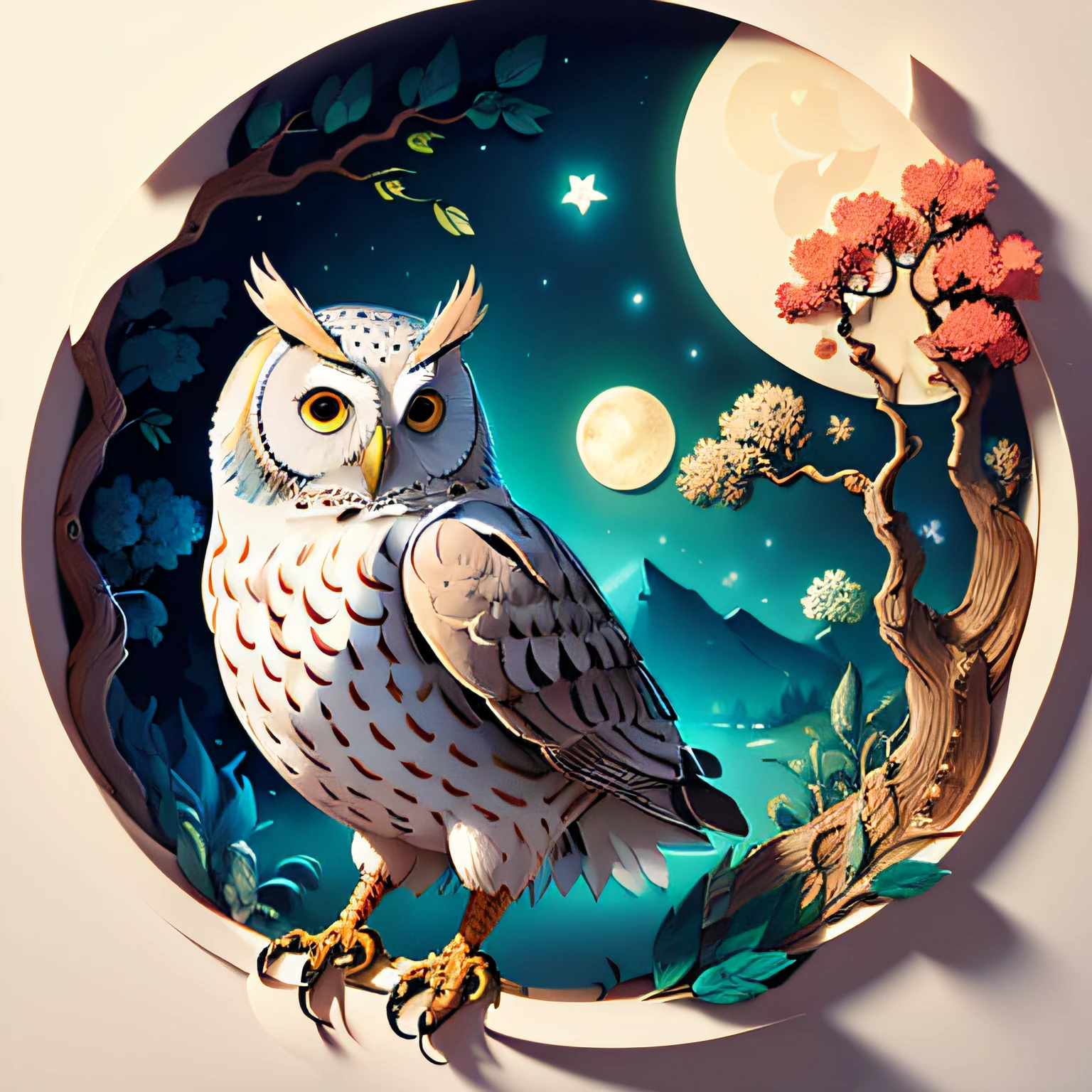 (((masterpiece))),bestquality,illustration,beautifuldetailed, paper_cut, owl, tree,moon,