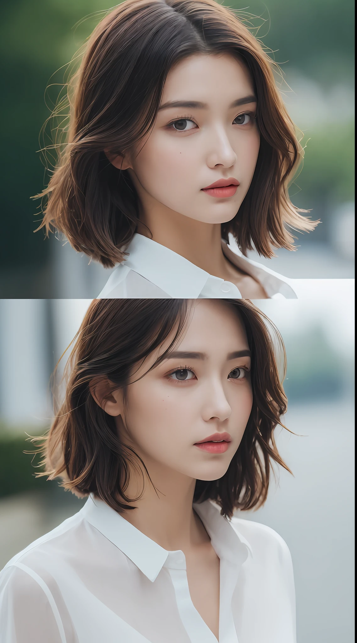 ((Best Quality, 8K, Masterpiece: 1.3)), Sharp: 1.2, Perfect Body Beauty: 1.4, Slim Abs: 1.2, ((Layered Hairstyle, Big Breasts: 1.2)), (Wet White Button Long Shirt: 1.1), (Rain, Street: 1.2), Wet: 1.5, Highly detailed face and skin texture, detailed eyes, double eyelids, side face looking at the camera