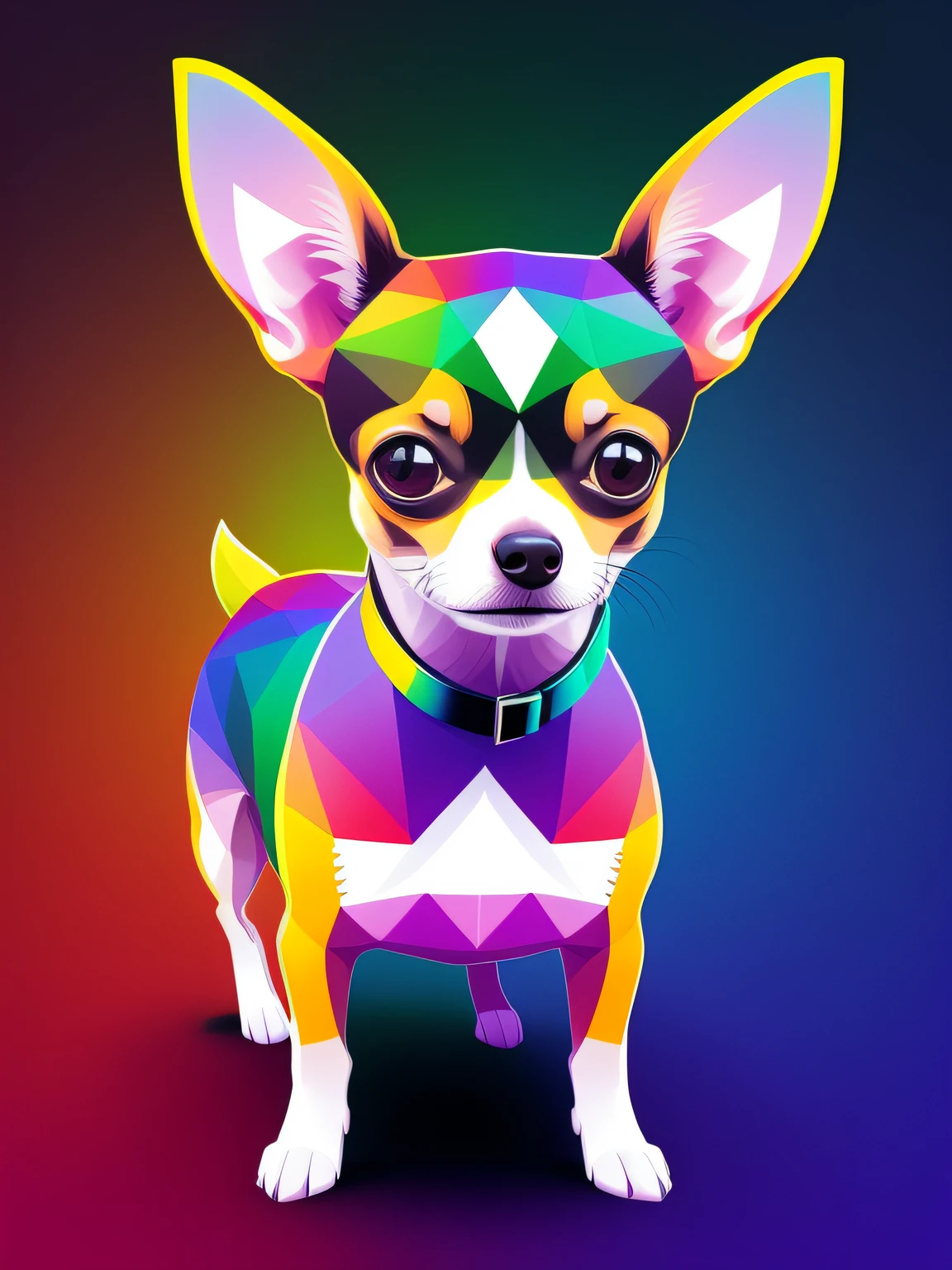 Vector-art of a (chihuahua in rainbow colors with a geometric twist: 1.3). Use geometric shapes and patterns to compose the chihuahua's body and fur, incorporating the various colors of the rainbow seamlessly into the design. Play with angles and lines to create a dynamic and visually intriguing artwork. You can add a bold and contrasting background to make the chihuahua stand out even more. This style should be contemporary and eye-catching, isolated, black background