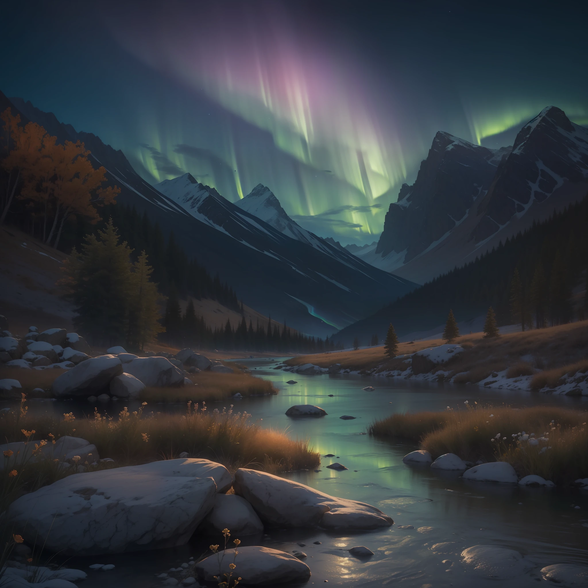 Nighttime, the full moon and bright stars fill the sky, Rocky Mountains thrust upwards, small patches of snow, delicate wildflowers bloom in the foreground, a river weaves it’s way through the lowlands, the aurora drops curtains of opalescent light over the landscape, nomads, epic composition, realistic lighting, high-definition detail, masterpiece, best quality, (very detailed CG unified 8k wallpaper), (best quality)