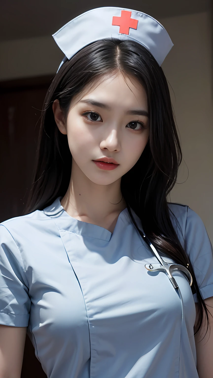 Slender Asian girl, kpop idol, ((nurse)), ((top quality, 8k, masterpiece: 1.3)), crisp focus: 1.2, beautiful woman with perfect figure: 1.4, highly detailed face and skin texture, detailed eyes, ((skinny)), beautiful face, symmetrical face, full-length, sexy