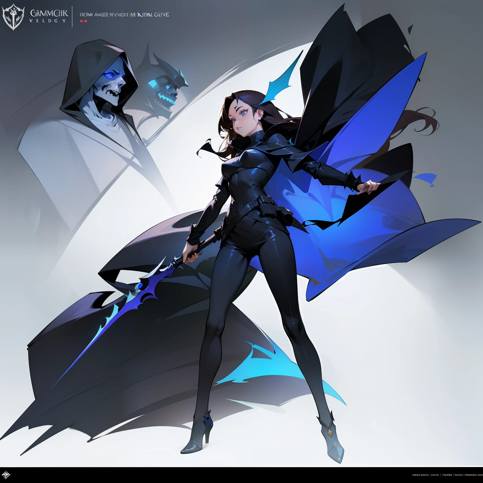 A women dark knight with a grim reaper-inspired sexy outfit, long flowing dark hair, and piercing blue eyes, depicted in a concept art style.