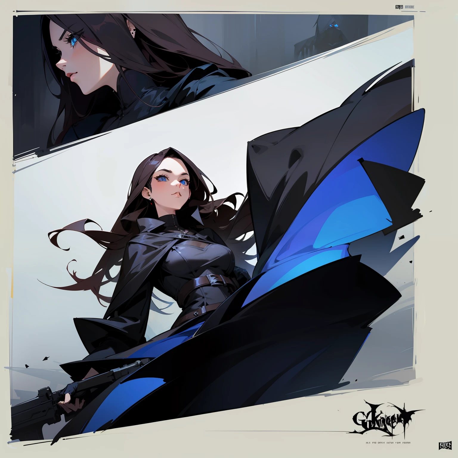 A women dark knight with a grim reaper-inspired sexy outfit, long flowing dark hair, and piercing blue eyes, depicted in a concept art style.