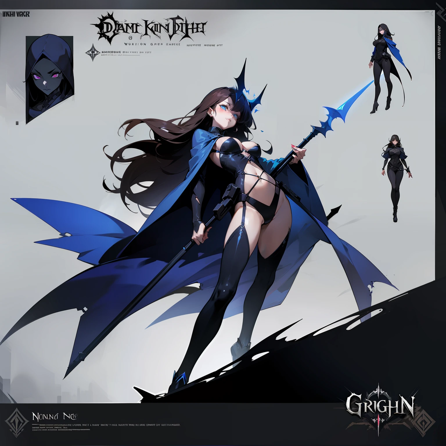 A women dark knight with a grim reaper-inspired sexy outfit, long flowing dark hair, and piercing blue eyes, depicted in a concept art style.