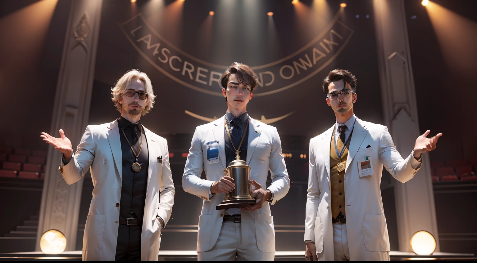 Three male scientists, holding trophies, on a stage.