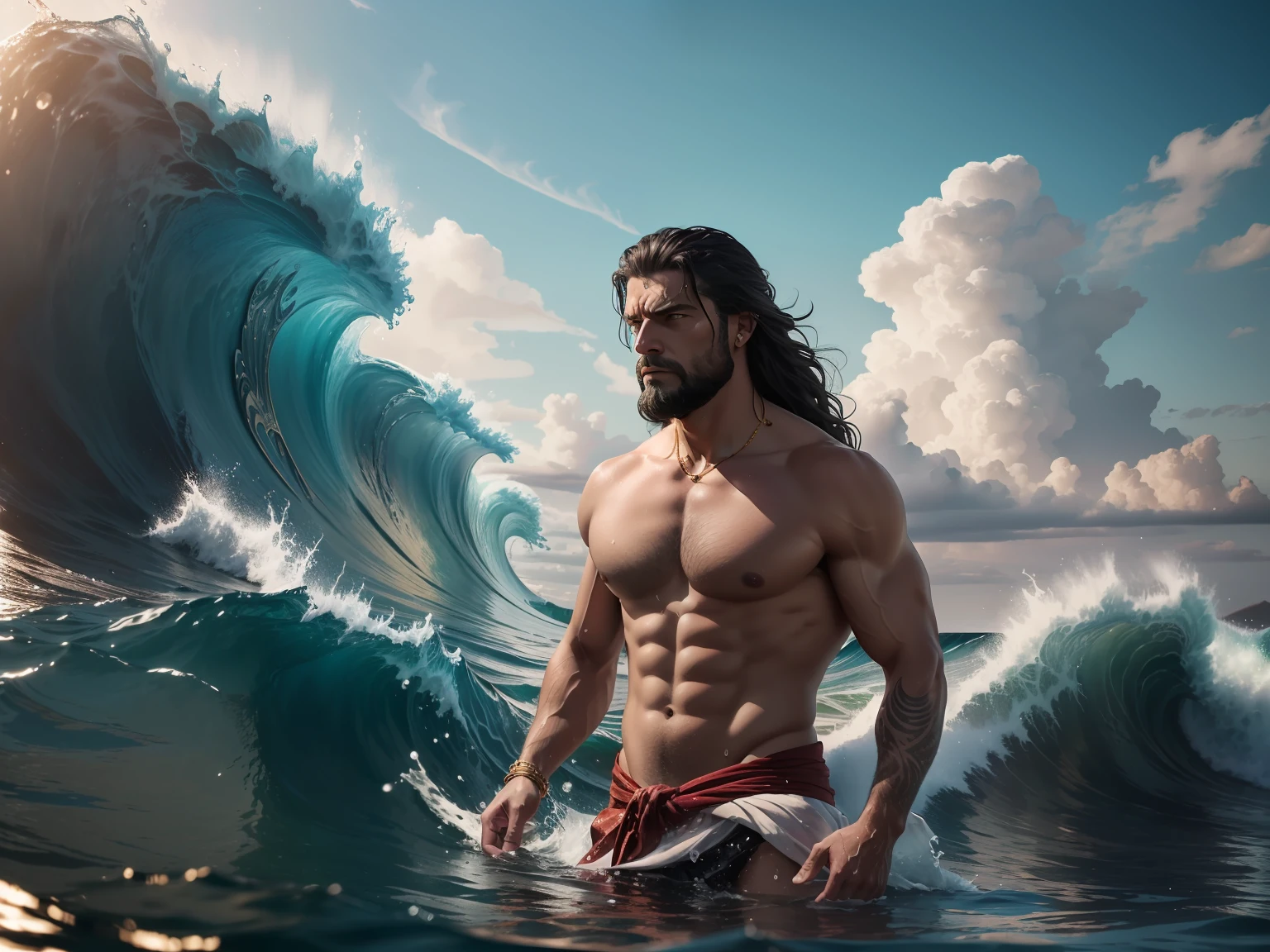 Realistic photo of a unique Greek God Poseidon (solitary), (Beautiful mature man), (looking at camera), (European man, 50 years old), (Body coming out of the water with a pose of authority), gorgeous god, deity, (black hair) (no bear), (long wet hair), (no clothes), (angry expression), (golden crown), (trident in hand), ((masterpiece)). Ocean big wave landscape. Professional photo, waist up photo, ultra sharp focus on the woman. RAW analog photography, 80mm f2.8 lens, masterpiece, best quality, ultra detailed, 8k, intricate details, minute details , details depiction, cinema scene, realistics details, --ar 4:3 -imagine --lora --lyriel --semi-realistic
