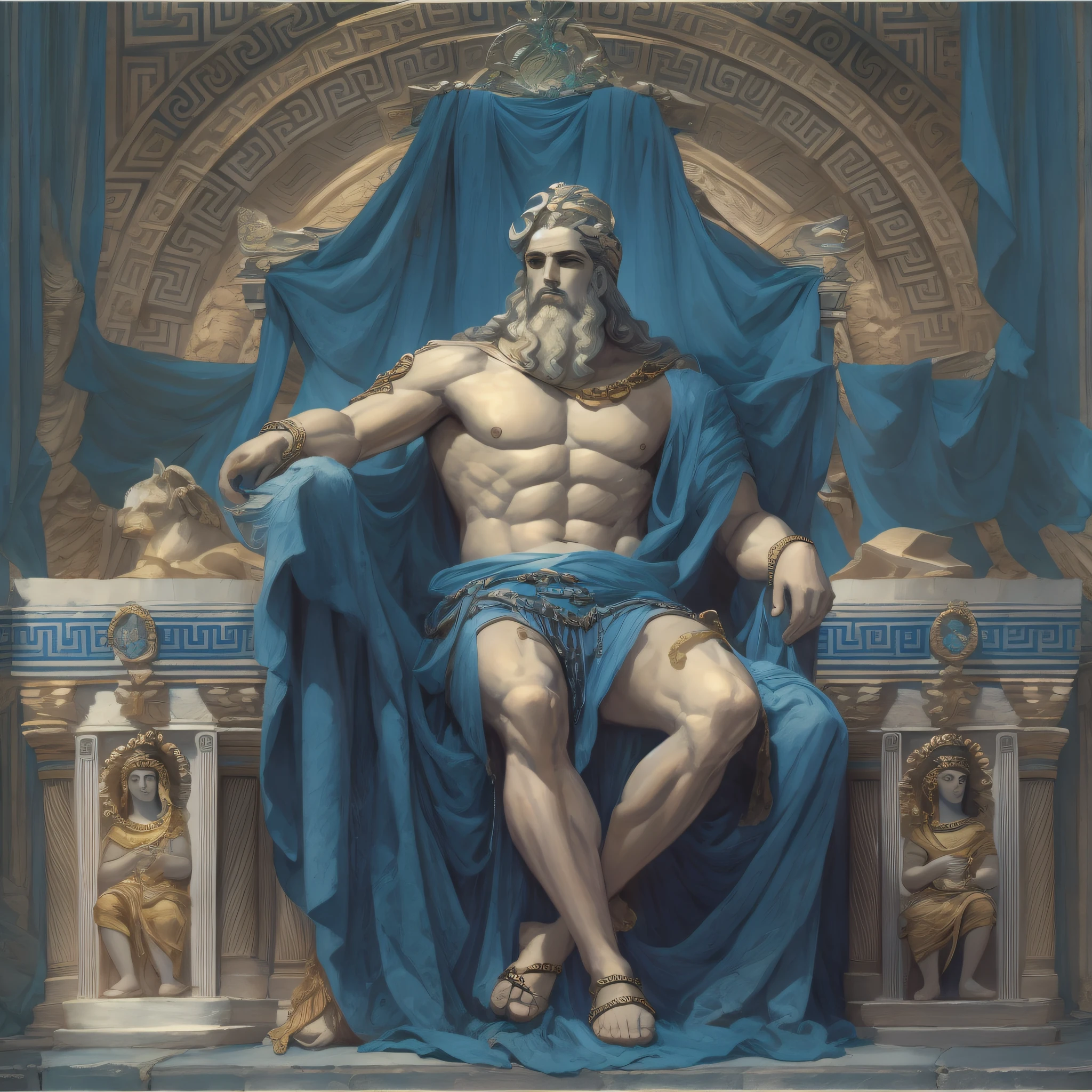 Greek God Zeus seated in his throne. He is wearing ellegant blue cloths.