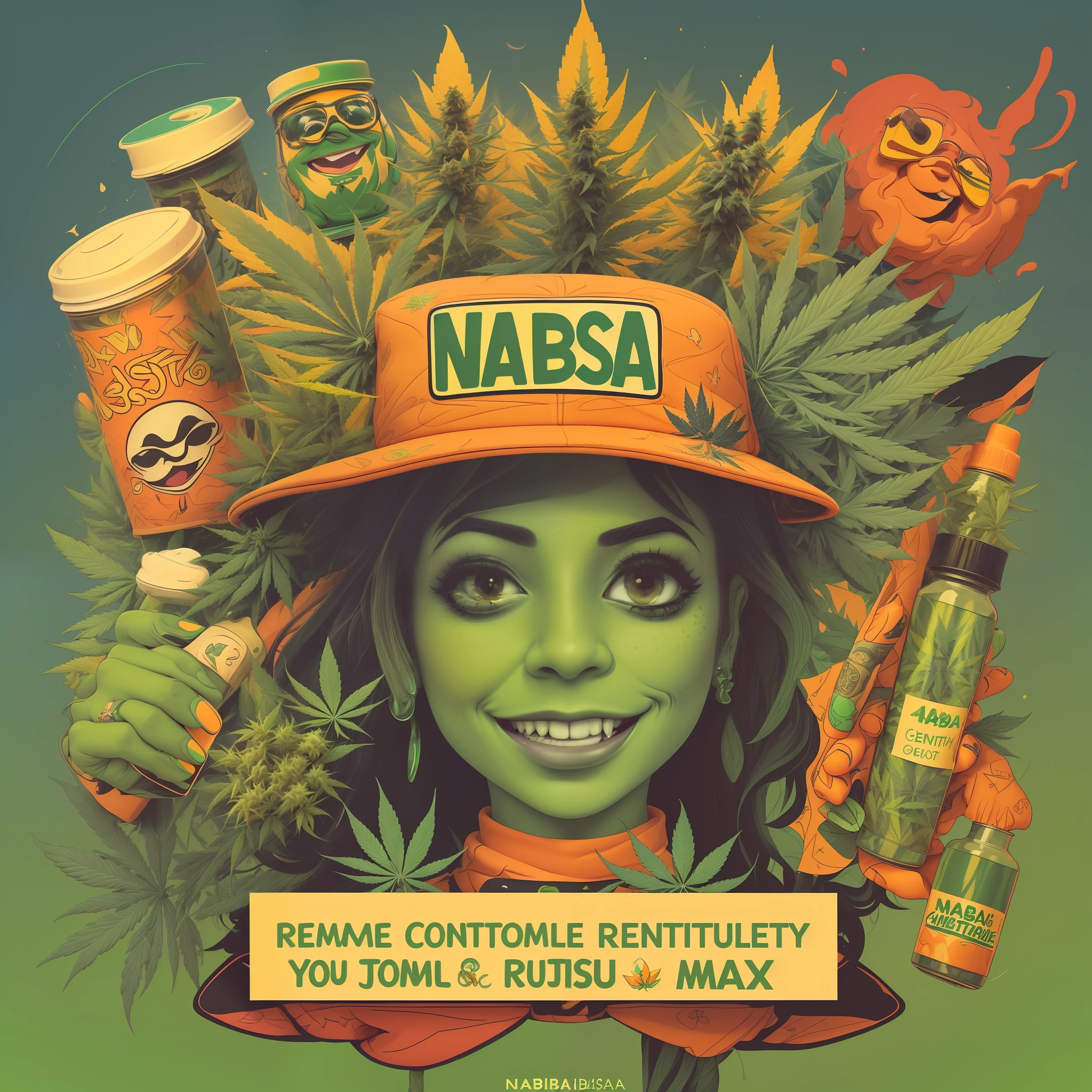 "((Humorous and relatable)), Design a meme-style image with a mix of bright and natural tones. Utilize funny characters and creative elements related to cannabis culture. ((@nabrisa.420)) should be creatively incorporated into the image. Ensure legibility of the text. Include a CTA to increase engagement."