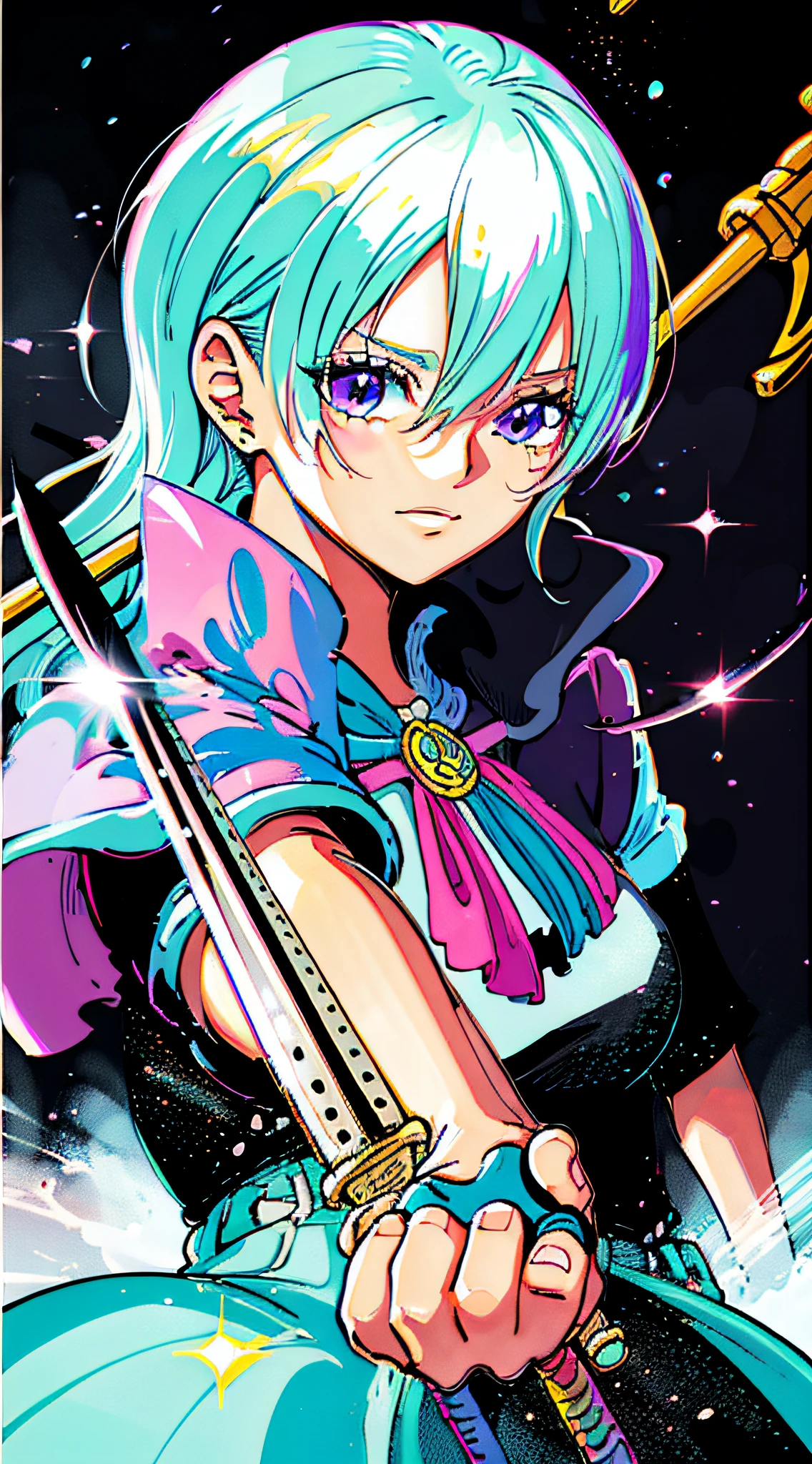 colourfull、1 girl in、White hair、a purple eye、Double handle、The sword、Sword in the hand、Red Flame、brilliance、Bright weapons、Particles of light、wall-paper、chromatic abberation、Retro Anime、1990s anime、1980s anime、Brush Stroke Masterpiece、top-quality、