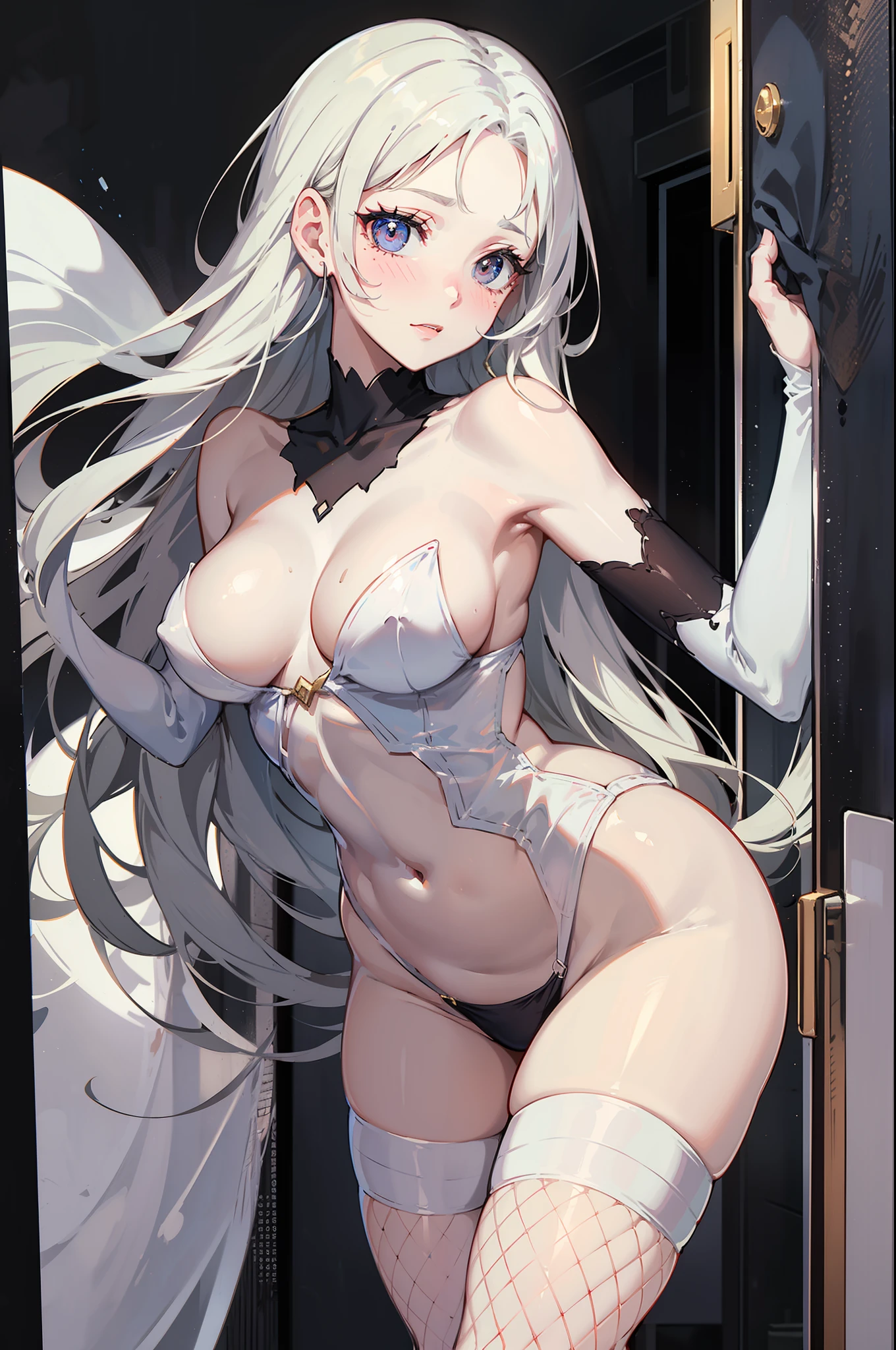 Pale beautiful young woman、Amused beautiful、slim and angular face、pointed chin、Feminine and big eyes、realisitic、ighly detailed、Large accentuated chest、Contrasty、Textured skin、 cold skin pores、face perfect、red blush、High small nose、Tear mole、Oblique 45 degrees、length hair、Light brown eyes、Sweet smell、Dynamism、Thrilling、Fluffy breasts、Luxury、Unbuttoned white shirt、fishnet tights、Hiding the with the arms、a luxury hotel room、Full body painting