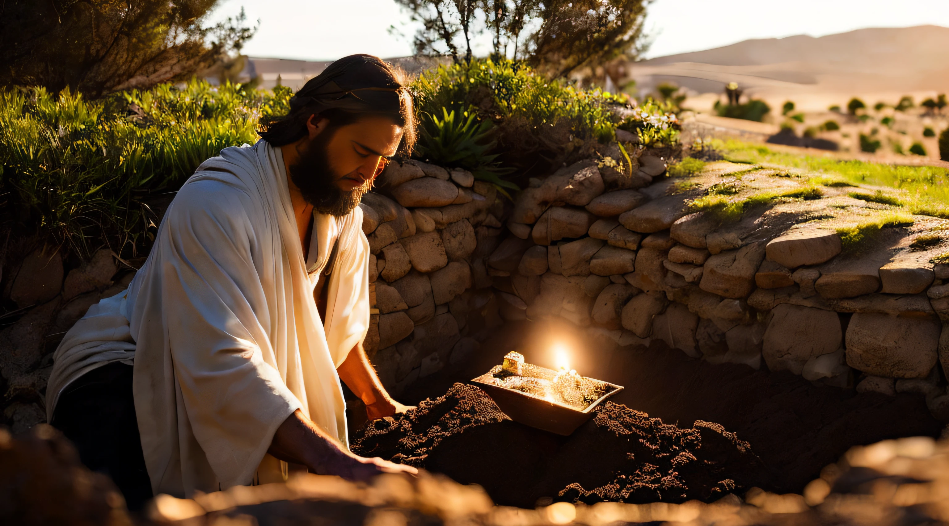 (((Ancient Israel)))、(((Biblical times)))、(((1st century)))、(((A disciple of Christ burying a treasure in the soil)))、8K、Raw photography、top-quality、​masterpiece:1.5、ultra-lightweighthigh-resolution、Photorealsitic:1.5、ciinematic light、soft volumetric lighting:1.5、realisitic、Photorealsitic:1、Detailed skin、profetional lighting、a picture、foco nítido、detaileds、profetional lighting、photon maping、detailed and intricate environment、ighly detailed、top-quality、Artistic photography、photorrealistic concept art、soft natural volumetric cinematic perfect light、Midjourney、Detailed hand、