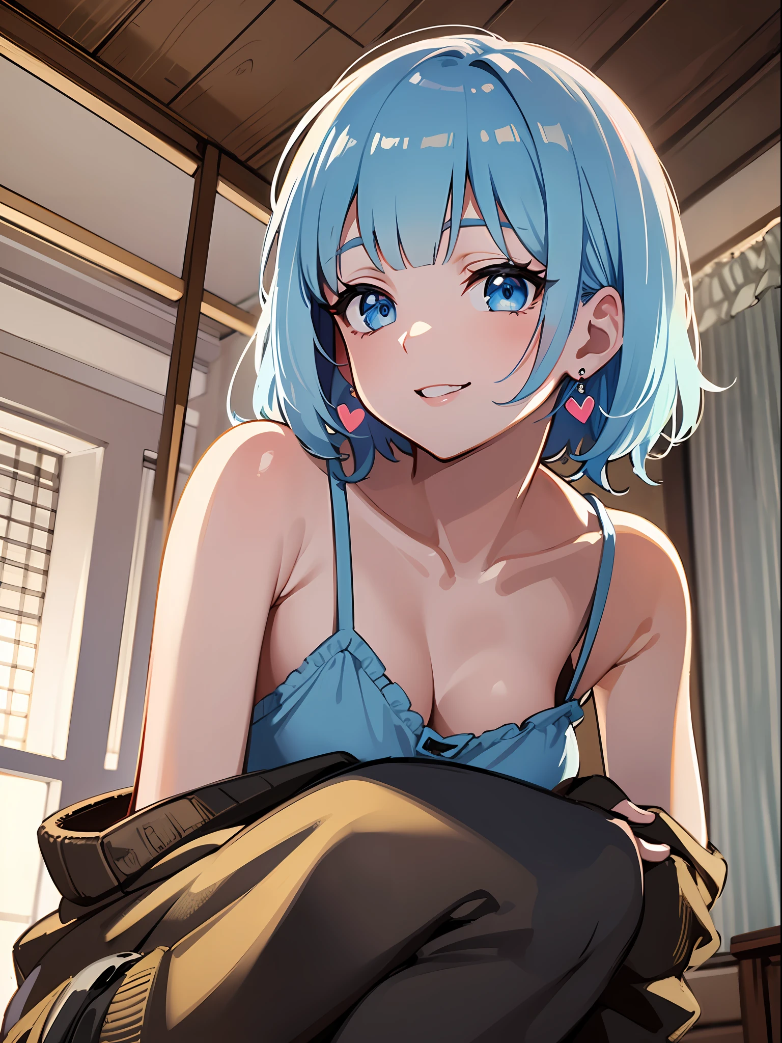 (masterpiece:1.3), (best quality:1.3), high resolution, 


dutch angle, couboy shot, 
leaning forward, squatting, body facing forward, 

(one cute girl:1.3), solo, 
white skin, small Breast, eight-headed person, 
light blue hair, (bobbed hair:1.2), (short hair:1.2), (blunt bangs:1.2), beautiful hair, blue eyes, beautiful detailed eyes, 

heart, cheerful smile, 

short pants, camisole, frill, earrings, 

indoors, white room, bed, 

shadowlighting,