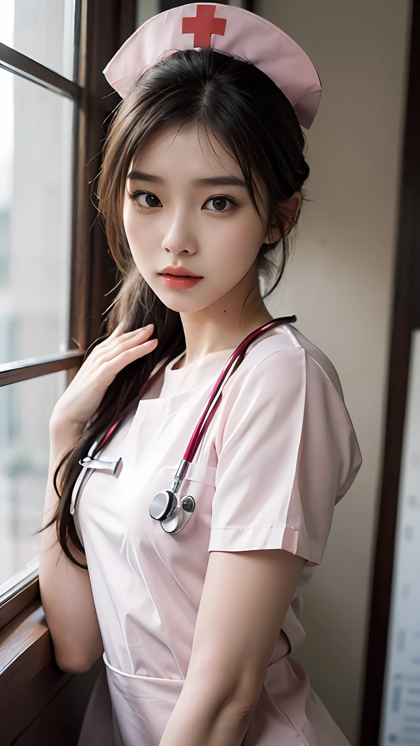 Slender Asian girl, kpop idol, ((nurse)), ((top quality, 8k, masterpiece: 1.3)), crisp focus: 1.2, beautiful woman with perfect figure: 1.4, highly detailed face and skin texture, detailed eyes, ((skinny)), beautiful face, symmetrical face, full-length, sexy